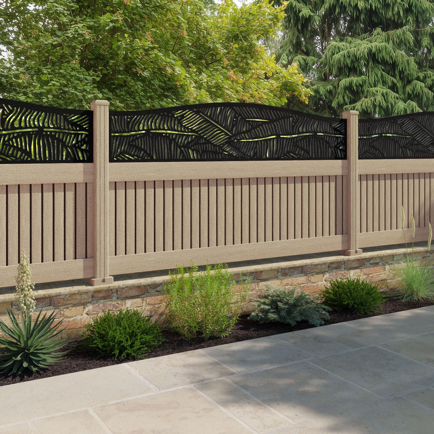 Virtis Feather Curved Top Fence Panel - Light Oak - with our composite posts