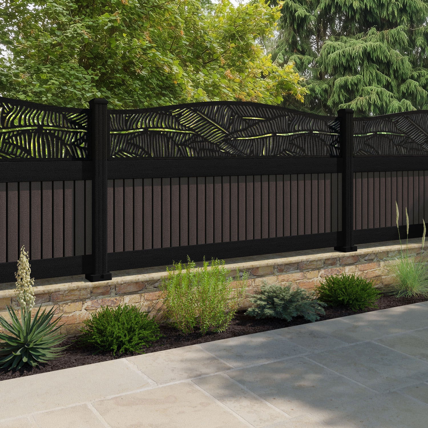 Virtis Feather Curved Top Fence Panel - Mid Brown - with our composite posts