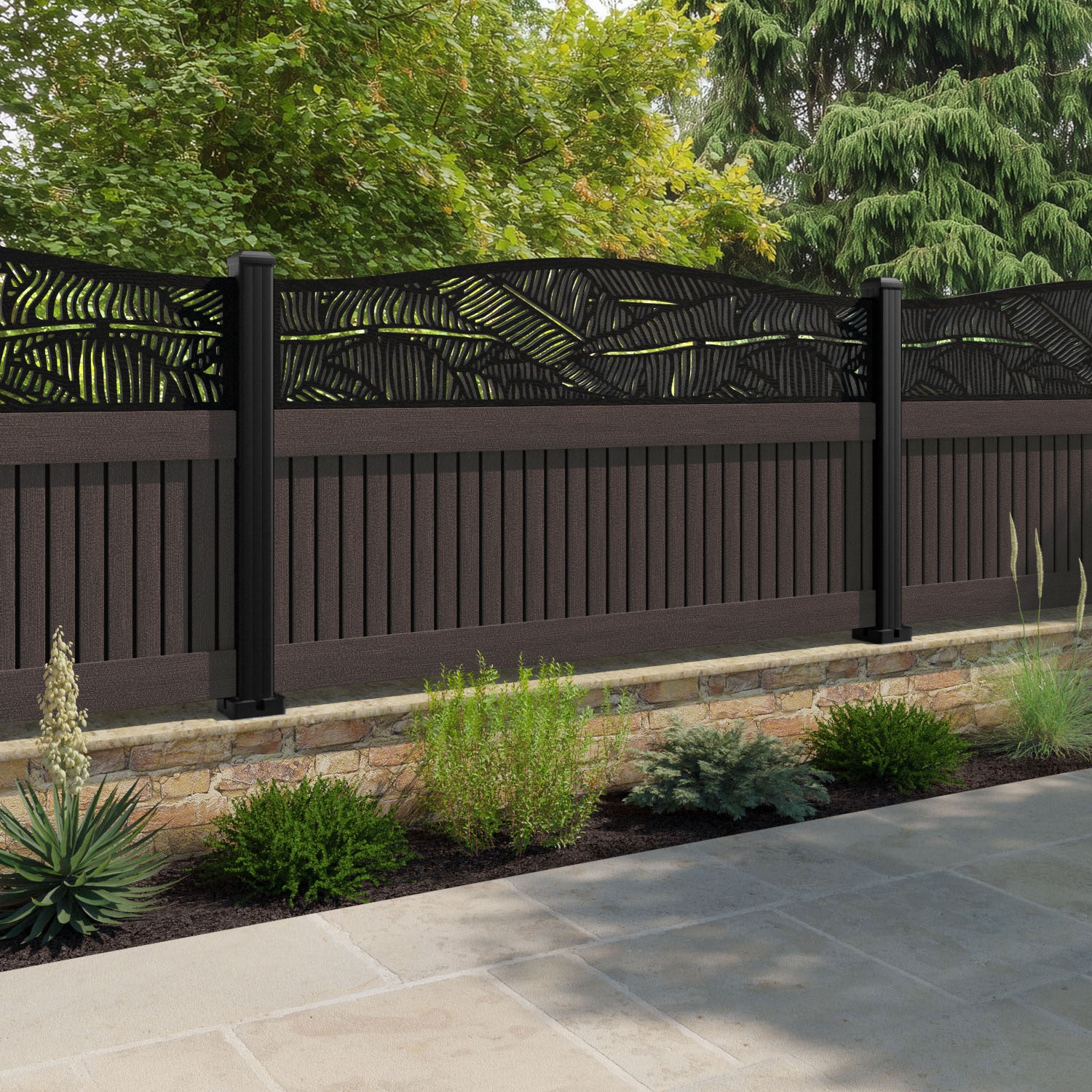 Virtis Feather Curved Top Fence Panel - Mid Brown - with our composite posts