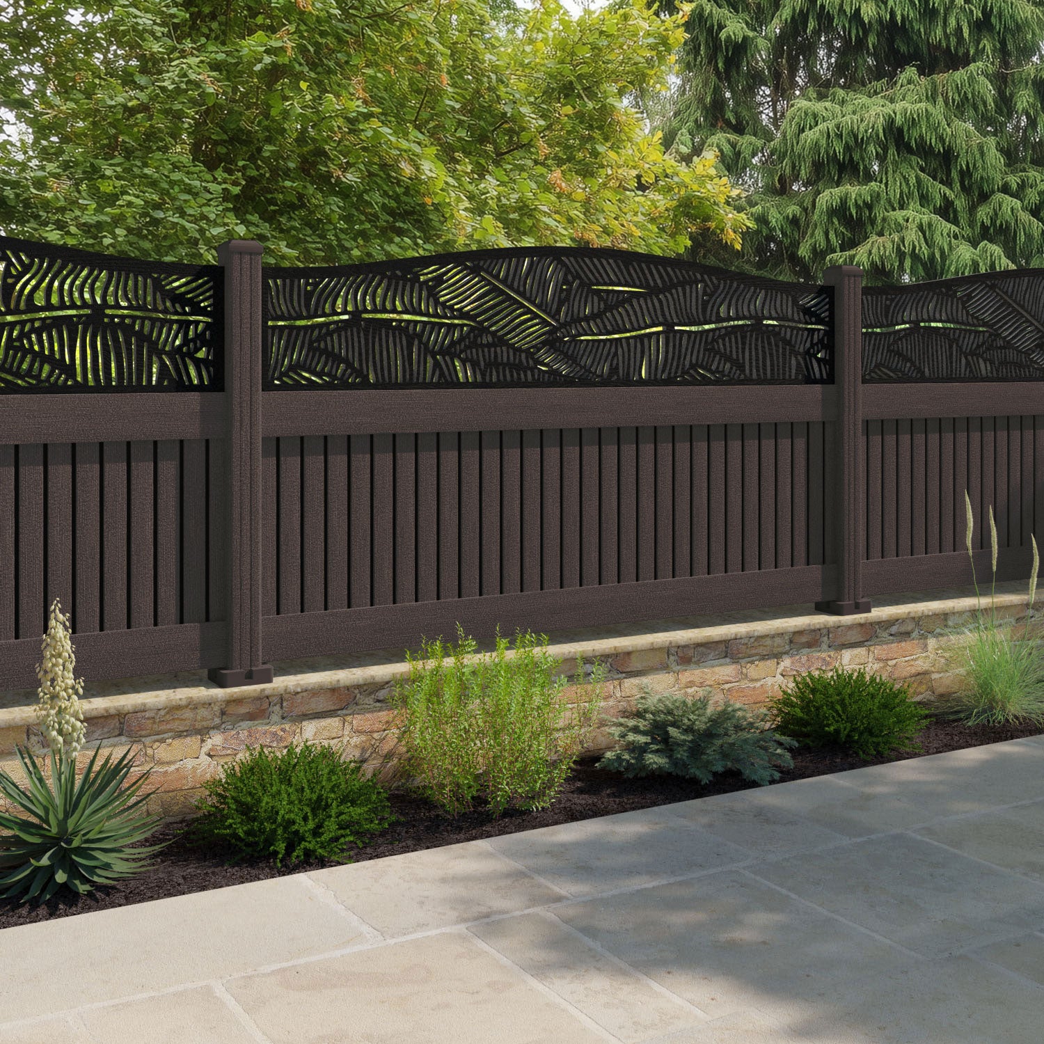 Virtis Feather Curved Top Fence Panel - Mid Brown - with our composite posts