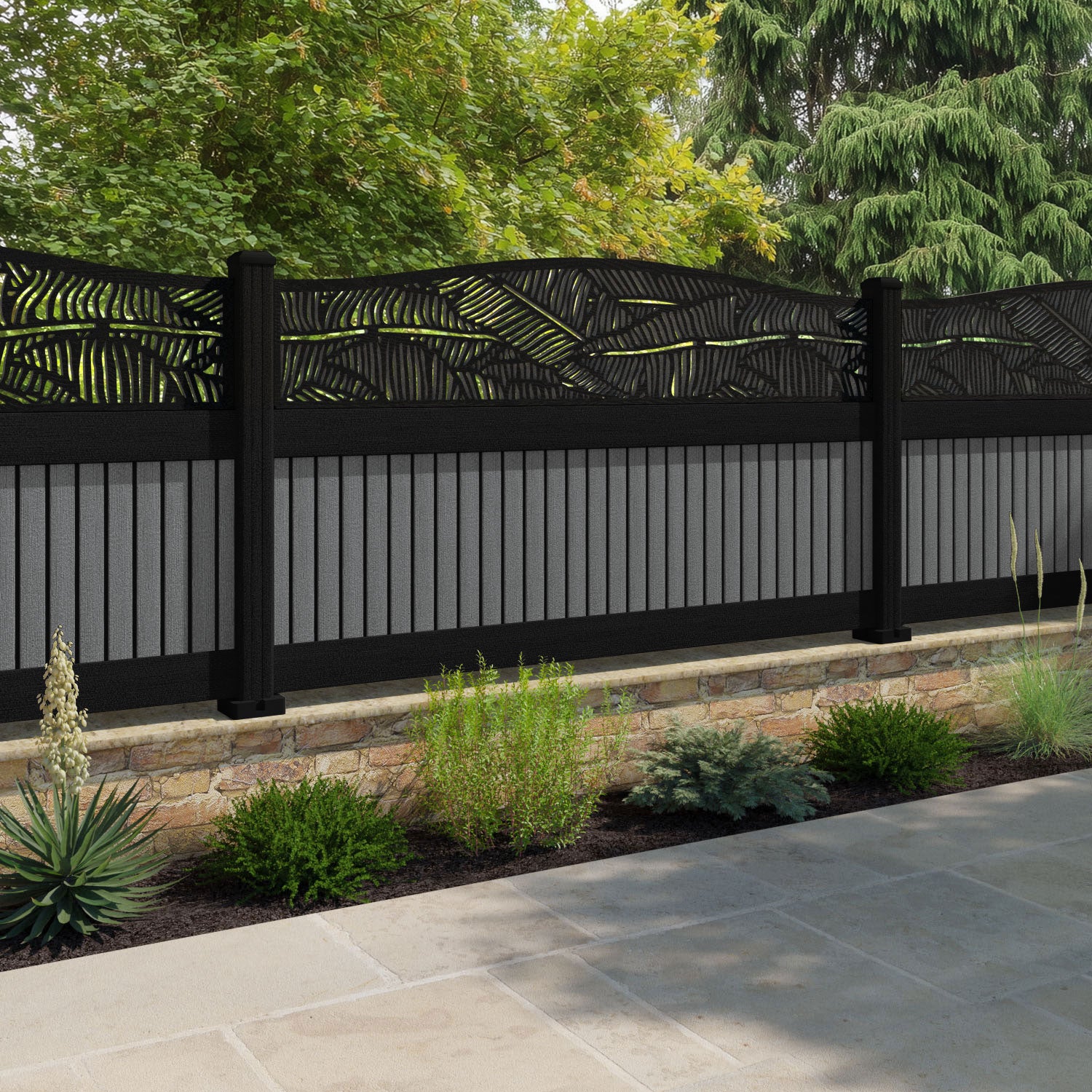 Virtis Feather Curved Top Fence Panel - Mid Grey - with our aluminium posts