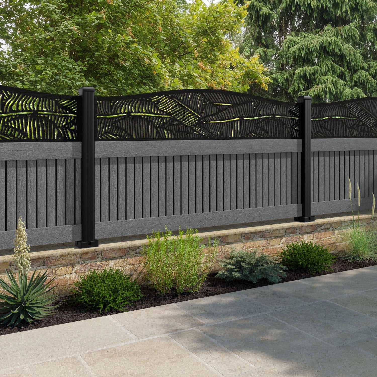 Virtis Feather Curved Top Fence Panel - Mid Grey - with our composite posts