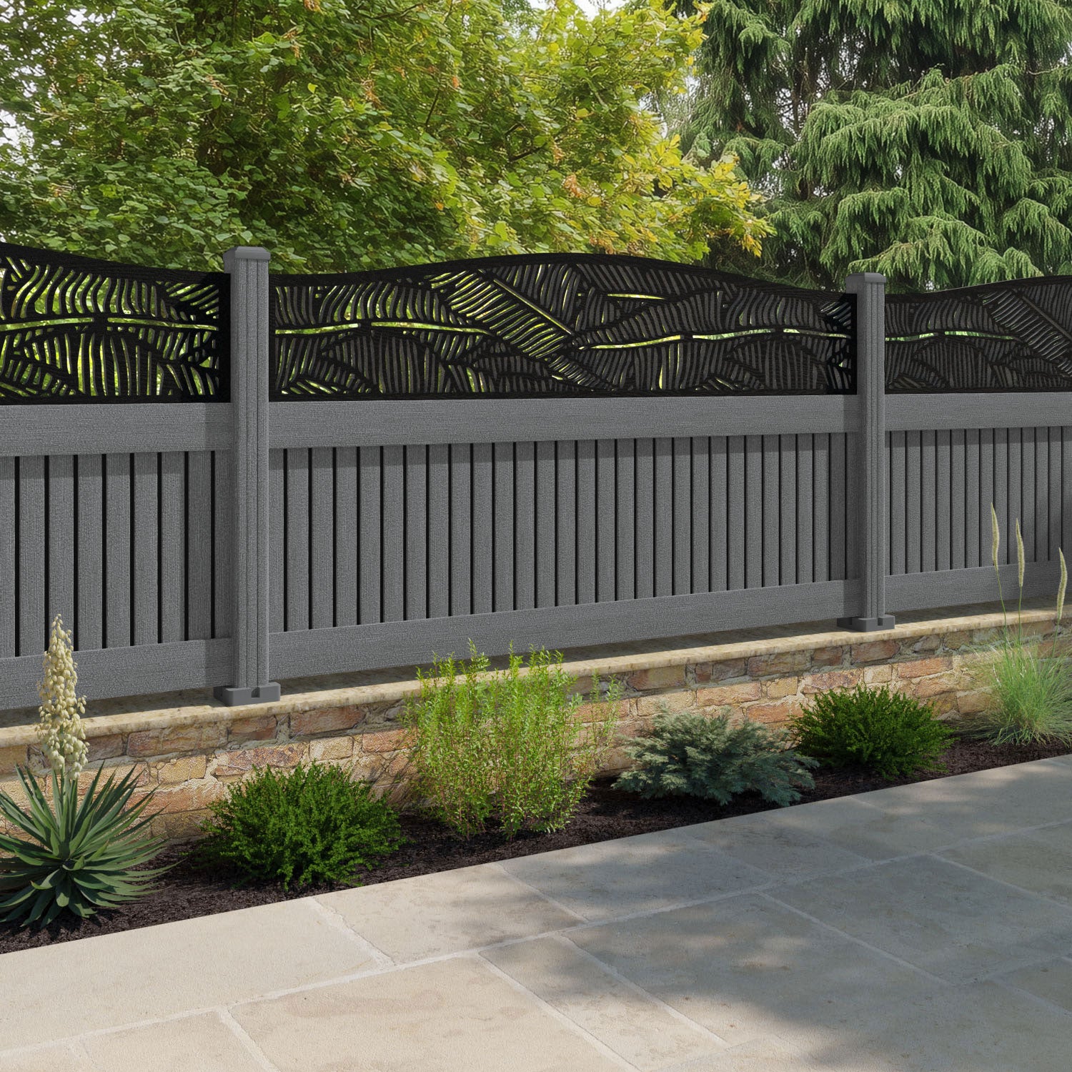 Virtis Feather Curved Top Fence Panel - Mid Grey - with our composite posts