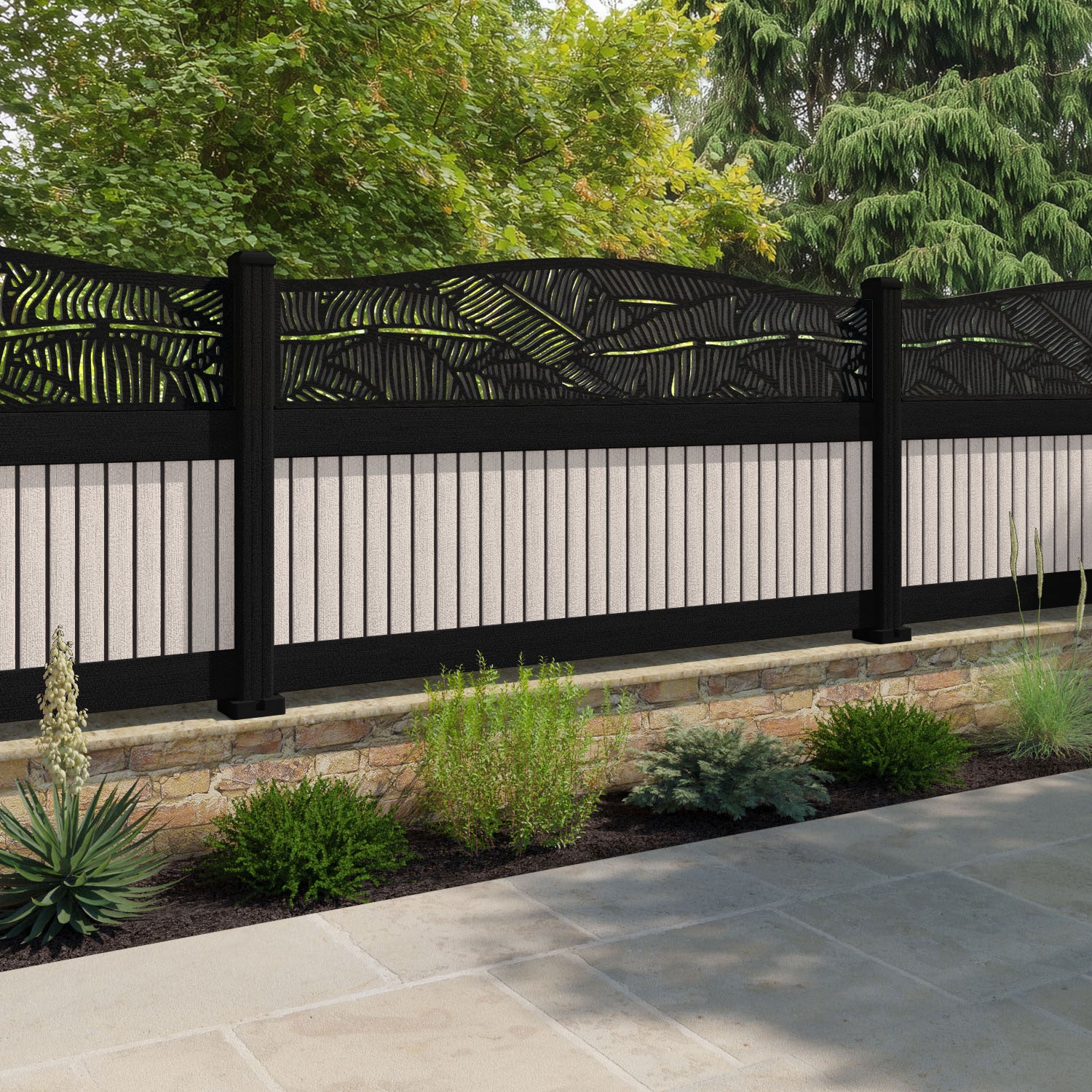 Virtis Feather Curved Top Fence Panel - Mid Stone - with our aluminium posts