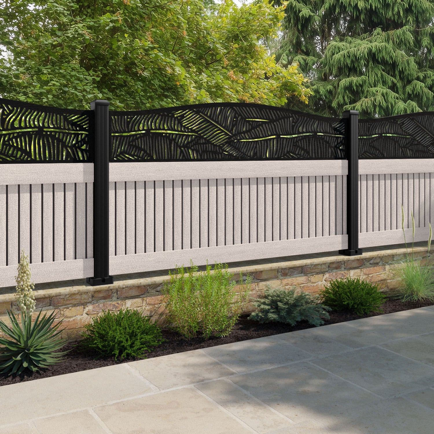 Virtis Feather Curved Top Fence Panel - Mid Stone - with our aluminium posts