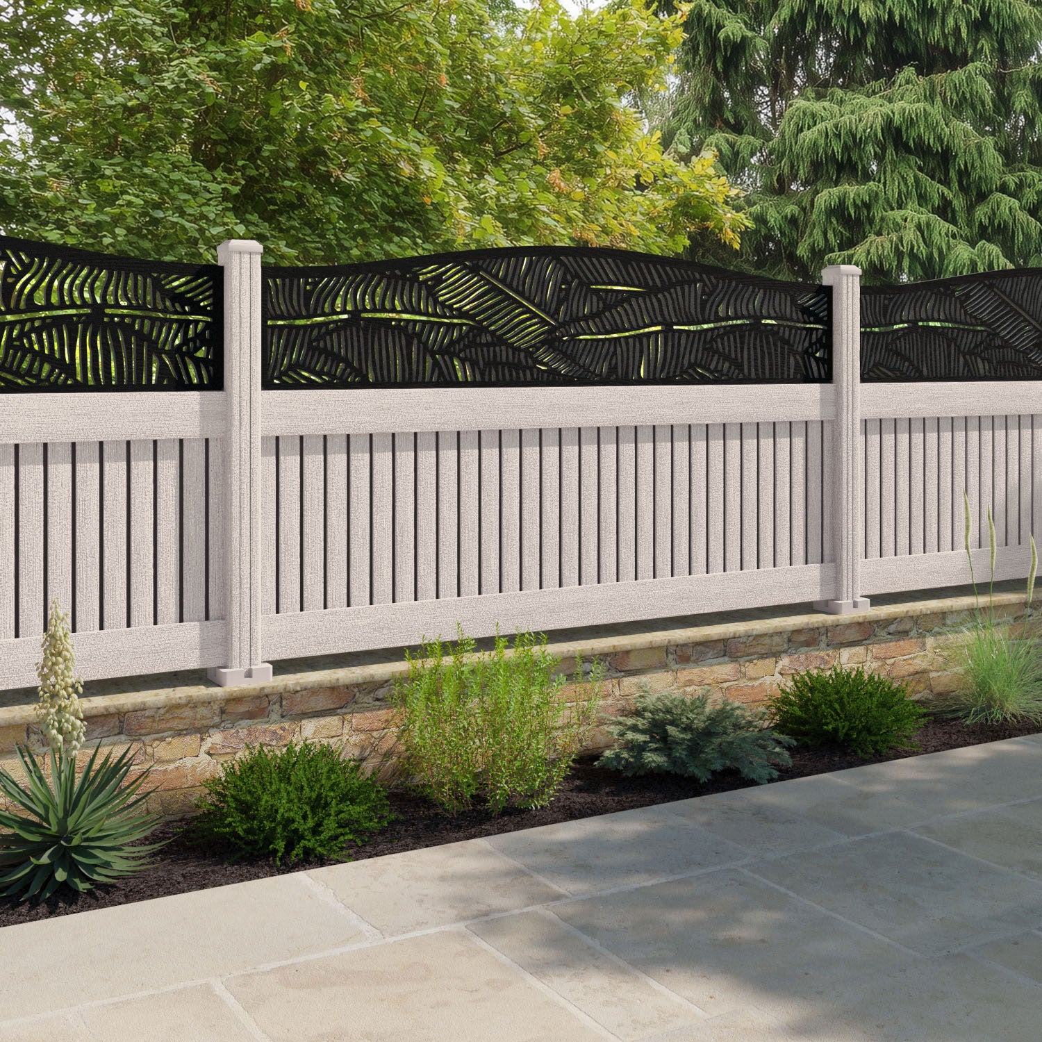 Virtis Feather Curved Top Fence Panel - Mid Stone - with our composite posts