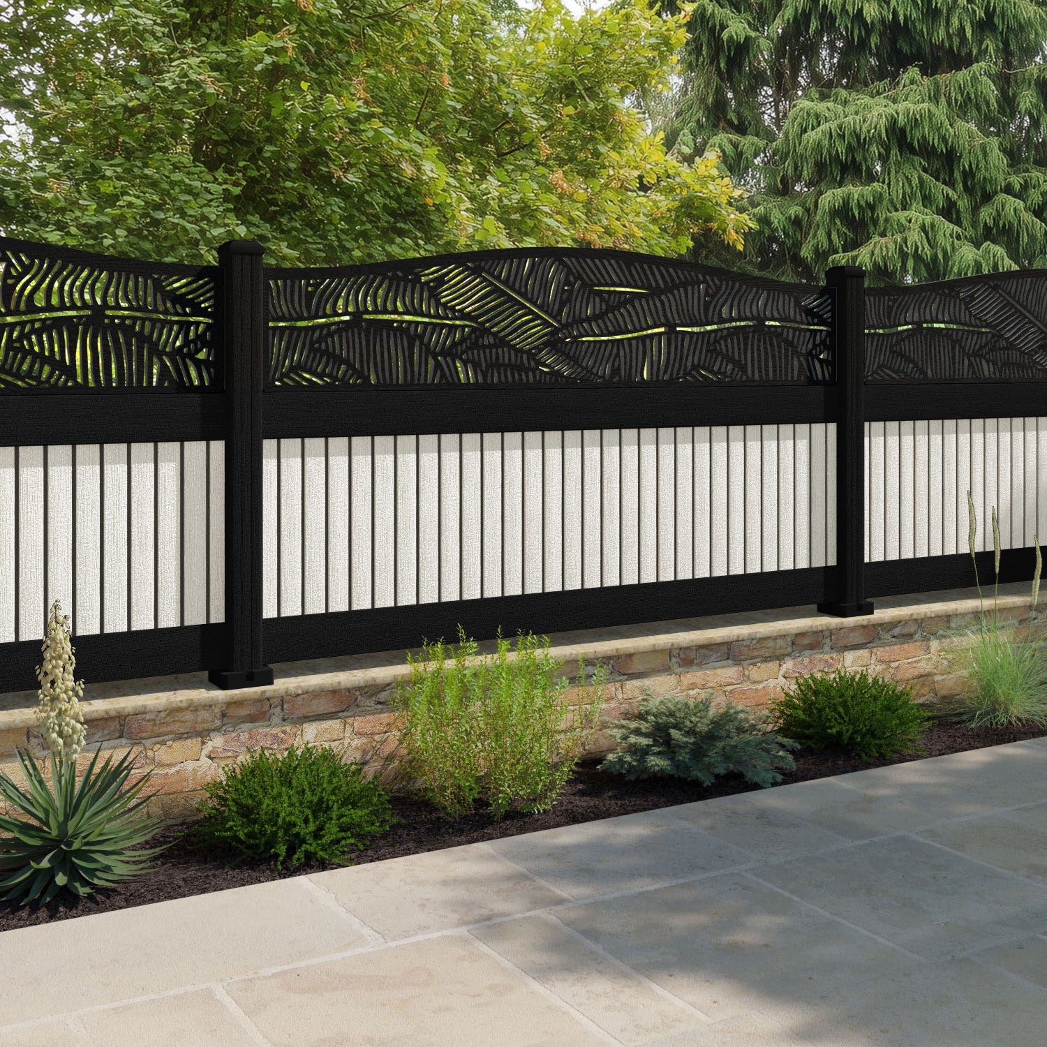 Virtis Feather Curved Top Fence Panel - Light Stone - with our aluminium posts