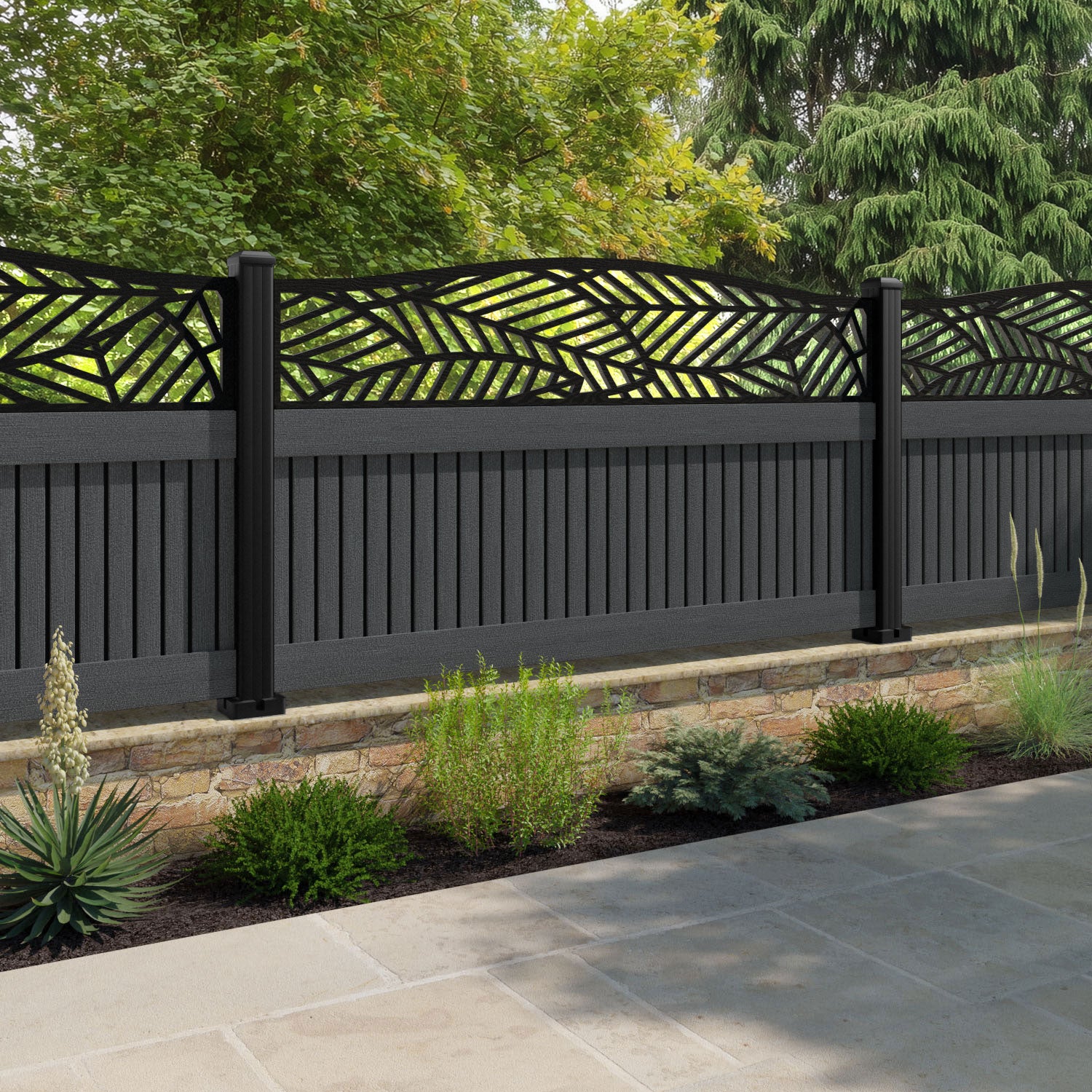 Virtis Habitat Curved Top Fence Panel - Dark Grey - with our composite posts