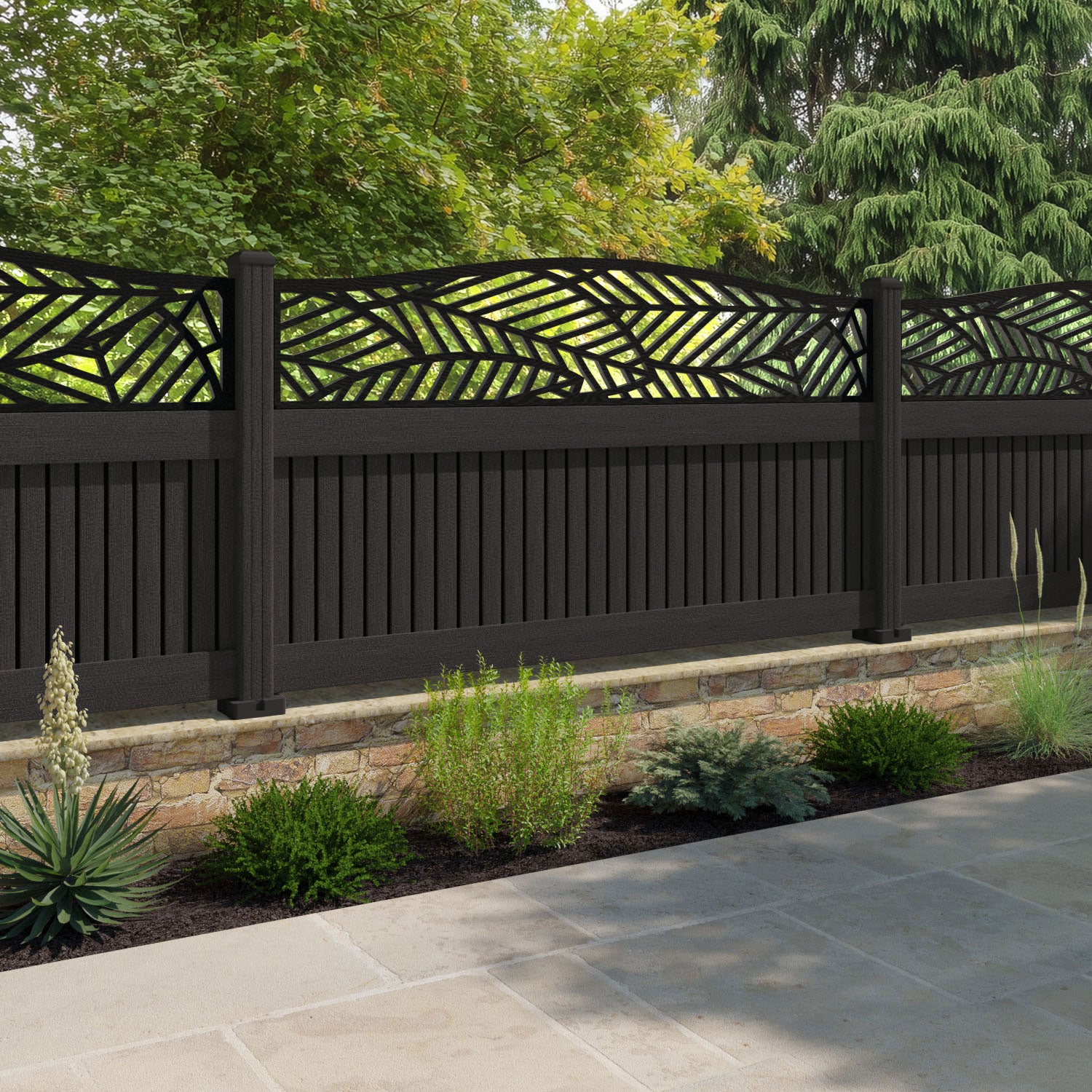 Virtis Habitat Curved Top Fence Panel - Dark Oak - with our composite posts