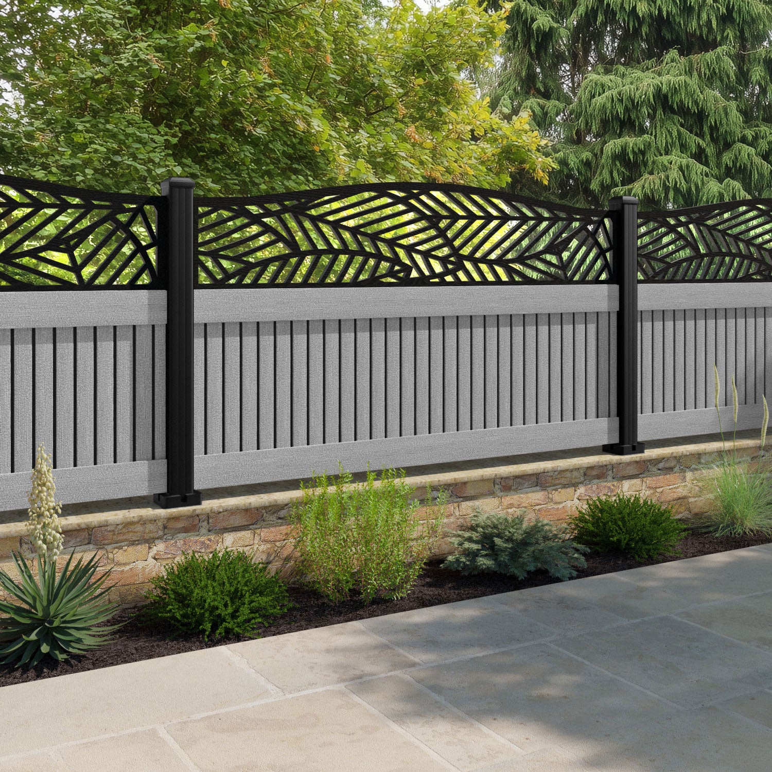 Virtis Habitat Curved Top Fence Panel - Light Grey - with our aluminium posts