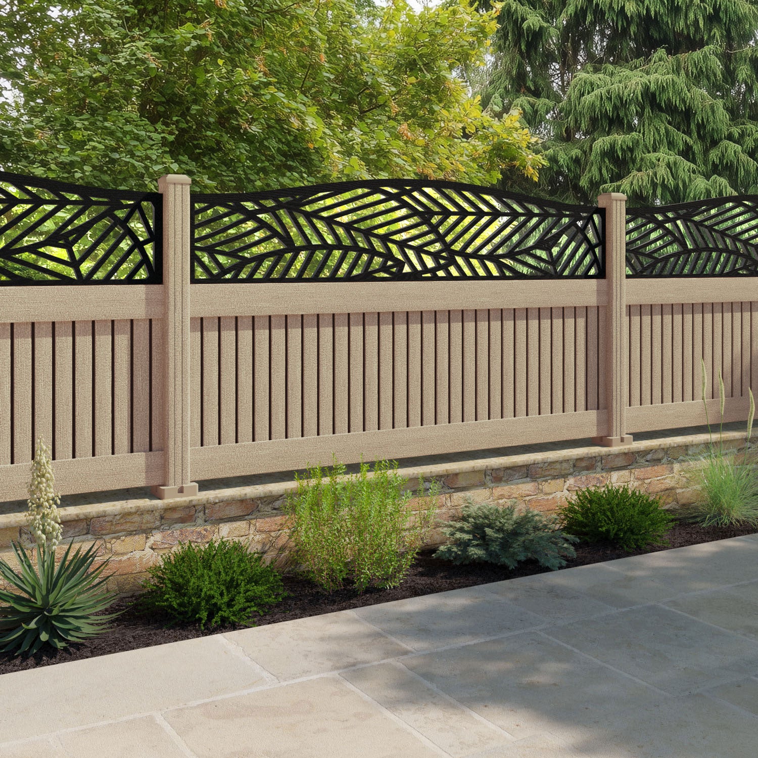 Virtis Habitat Curved Top Fence Panel - Light Oak - with our composite posts