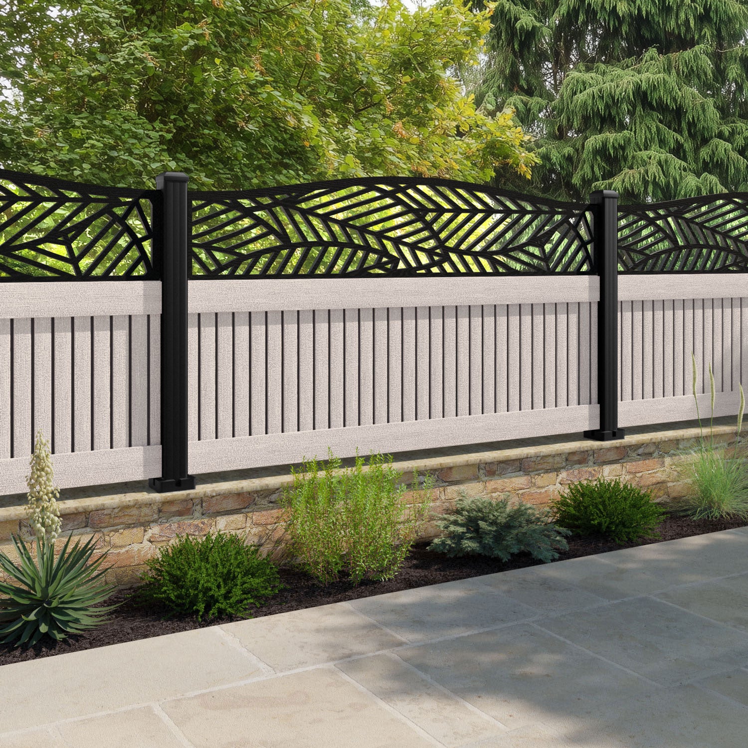 Virtis Habitat Curved Top Fence Panel - Mid Stone - with our composite posts