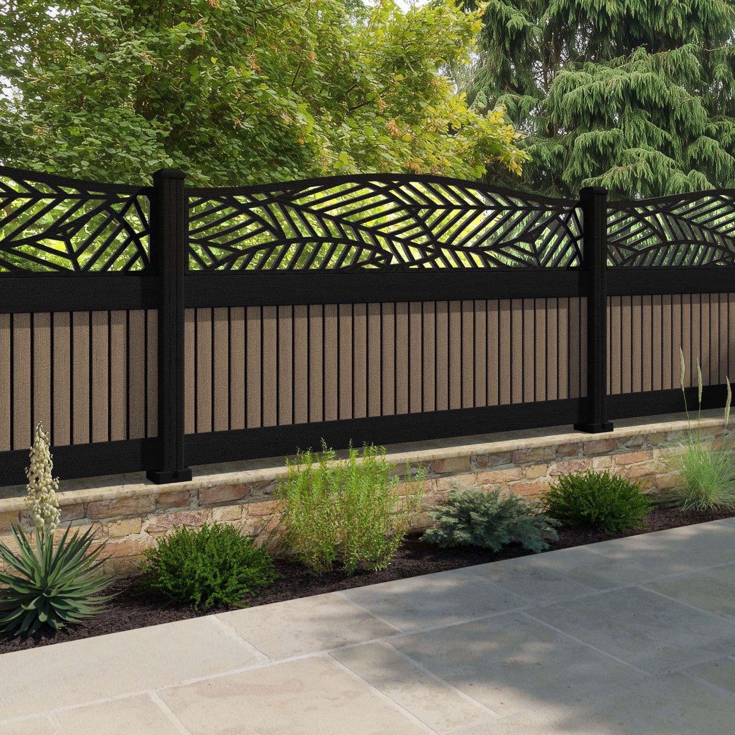 Virtis Habitat Curved Top Fence Panel - Teak - with our aluminium posts