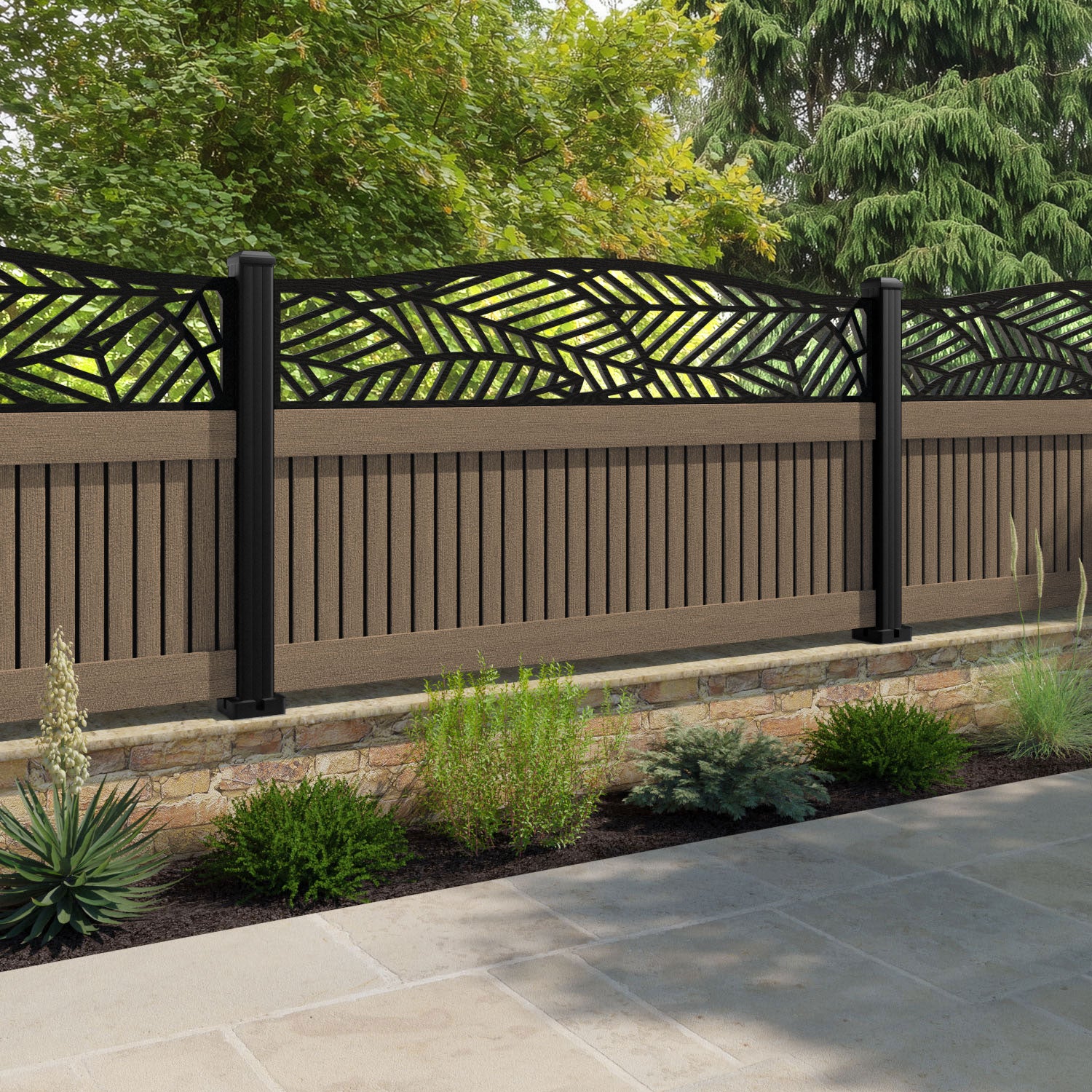 Virtis Habitat Curved Top Fence Panel - Teak - with our aluminium posts