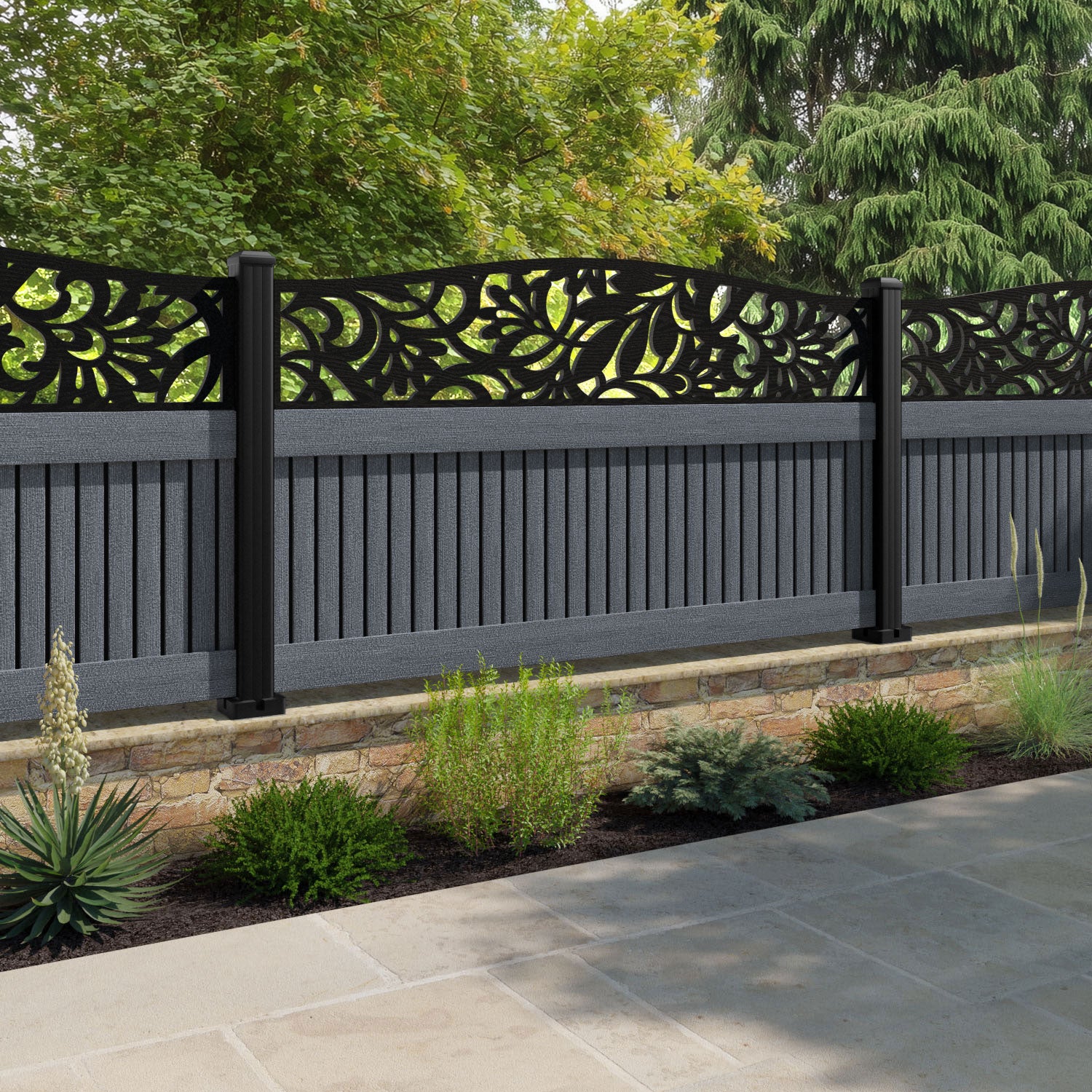Virtis Heritage Curved Top Fence Panel - Anthracite - with our aluminium posts