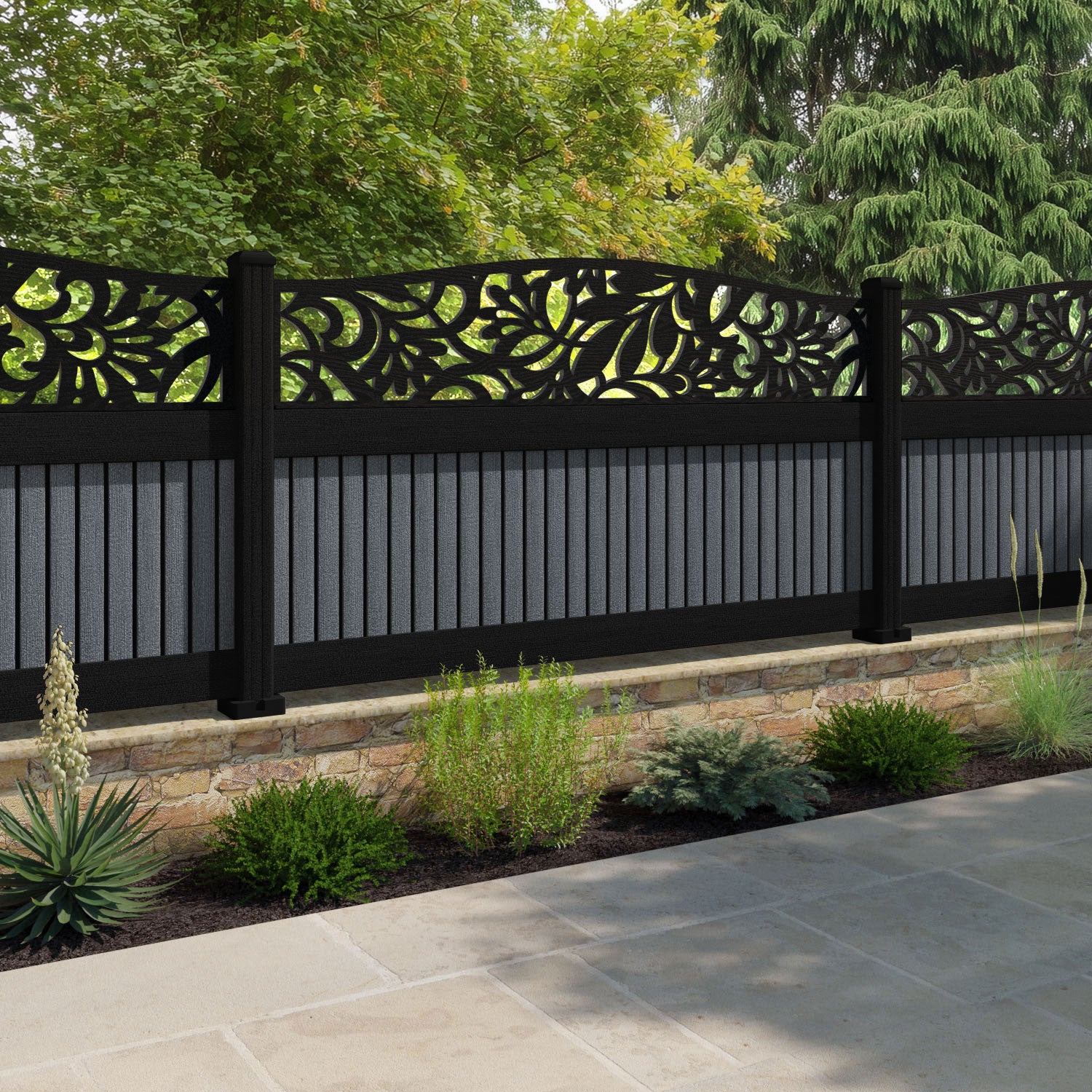 Virtis Heritage Curved Top Fence Panel - Anthracite - with our aluminium posts