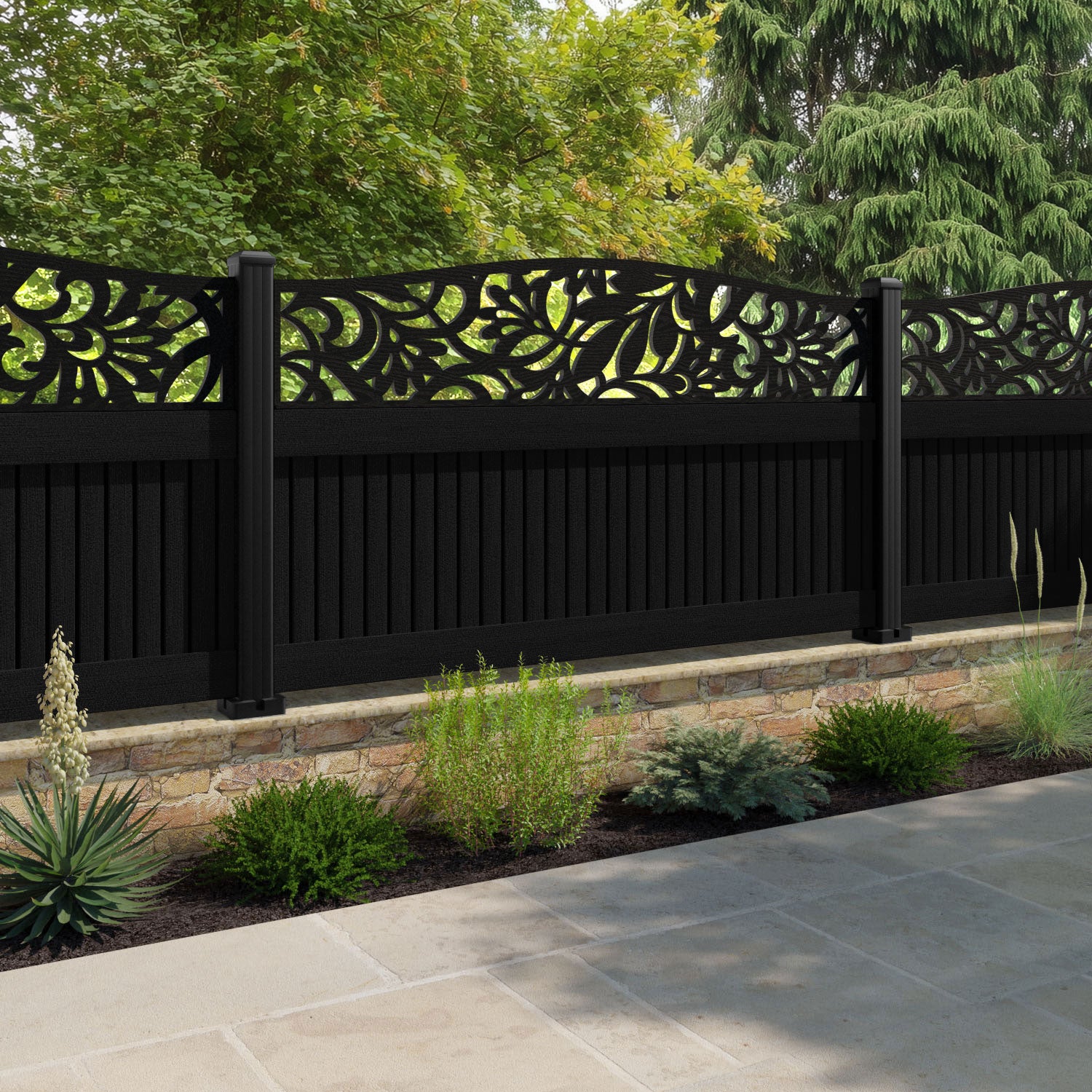 Virtis Heritage Curved Top Fence Panel - Black - with our aluminium posts