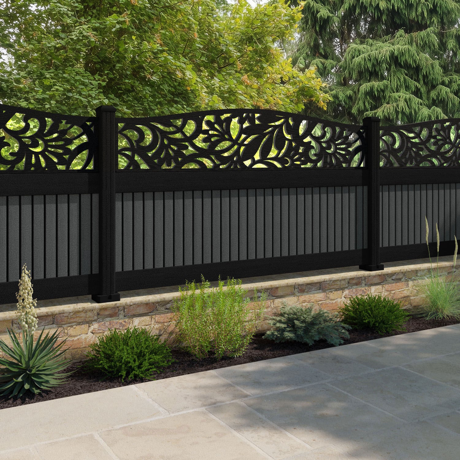 Virtis Heritage Curved Top Fence Panel - Dark Grey - with our aluminium posts
