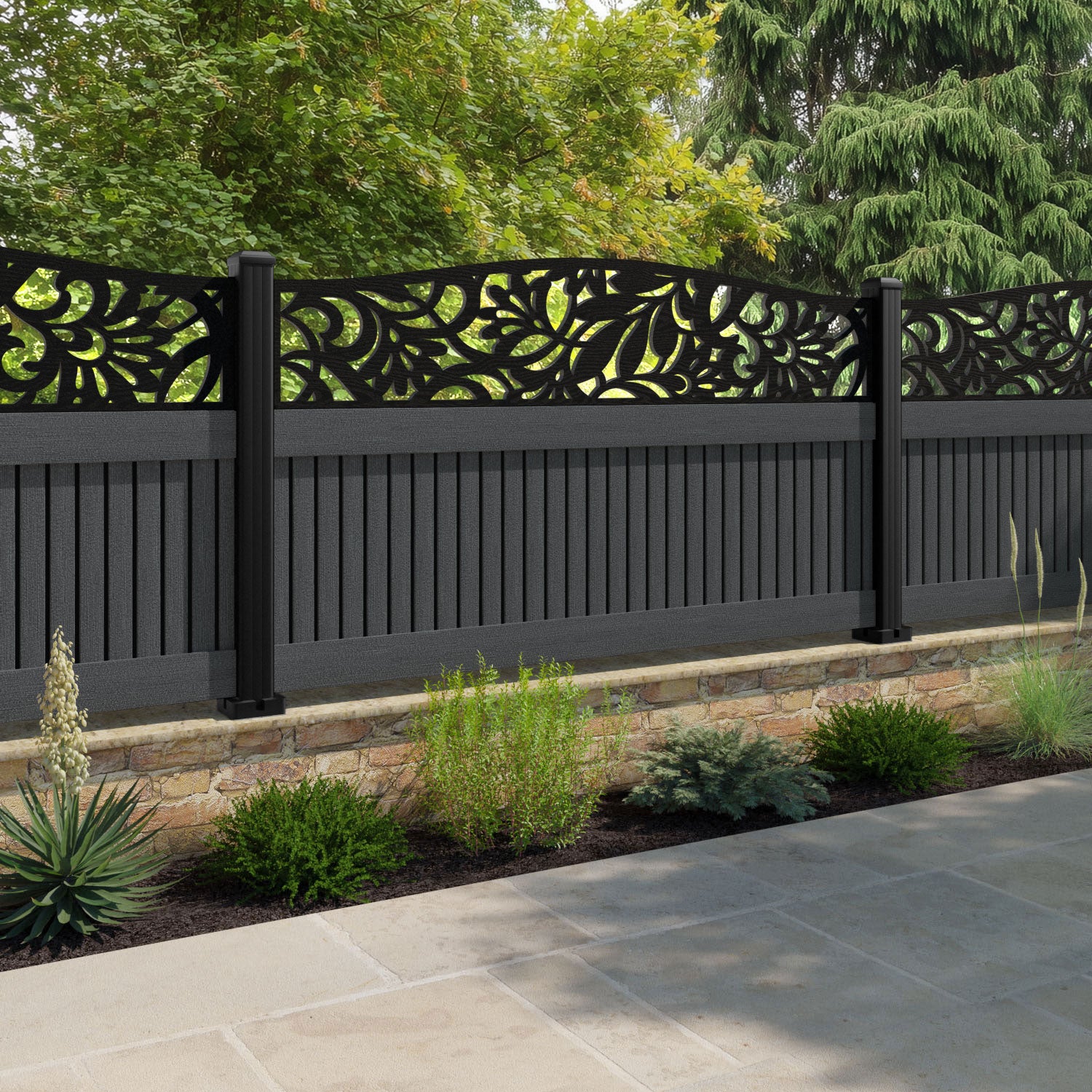 Virtis Heritage Curved Top Fence Panel - Dark Grey - with our aluminium posts