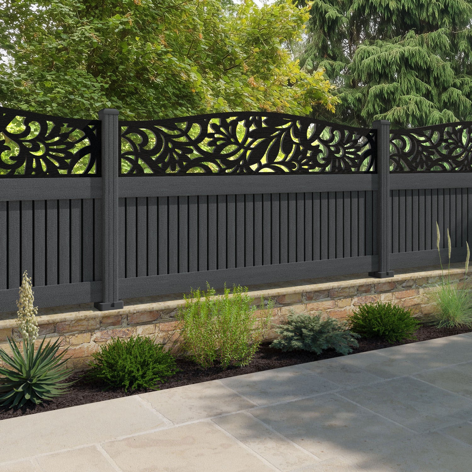 Virtis Heritage Curved Top Fence Panel - Dark Grey - with our composite posts