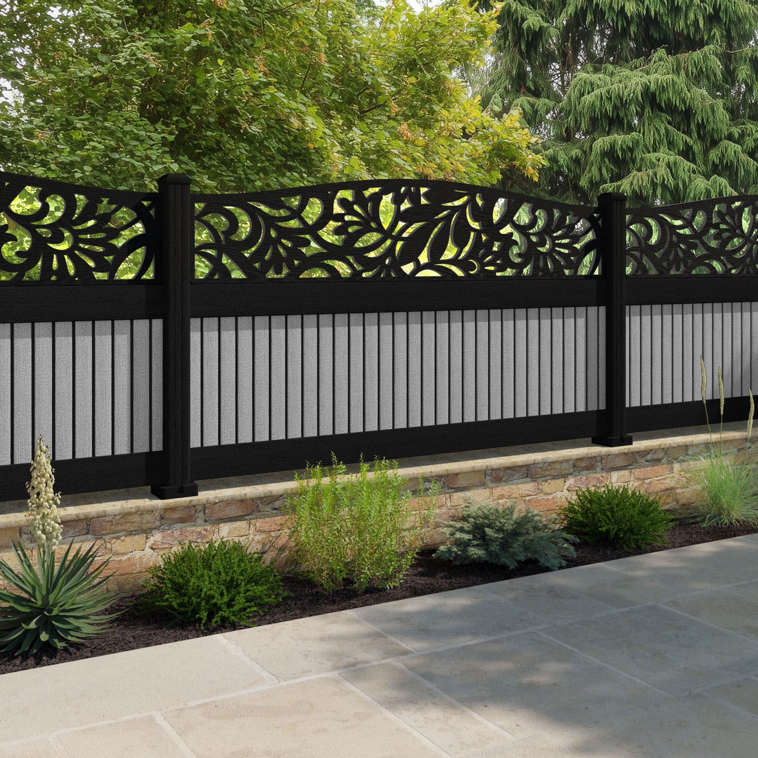 Virtis Heritage Curved Top Fence Panel - Light Grey - with our aluminium posts