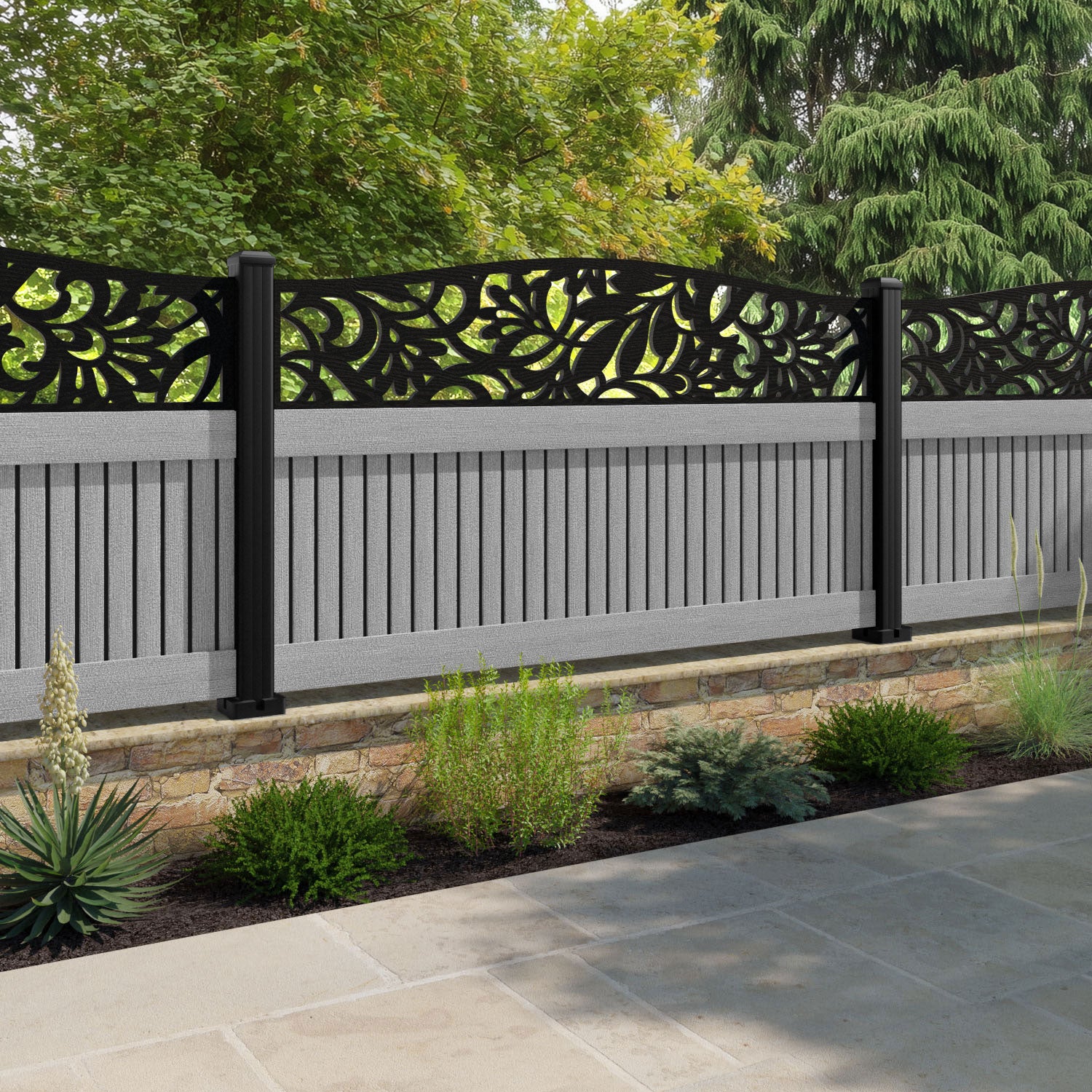 Virtis Heritage Curved Top Fence Panel - Light Grey - with our aluminium posts