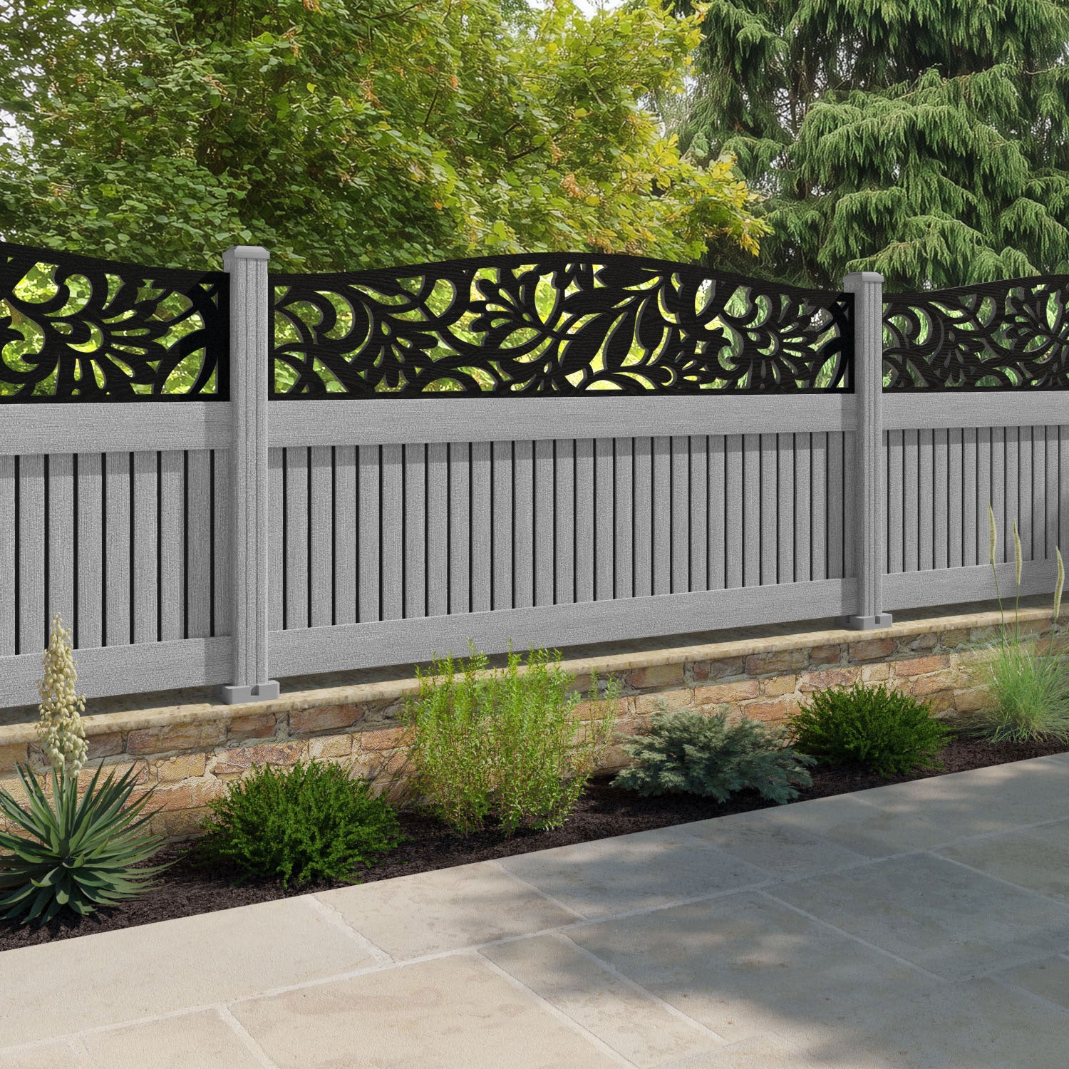 Virtis Heritage Curved Top Fence Panel - Light Grey - with our composite posts