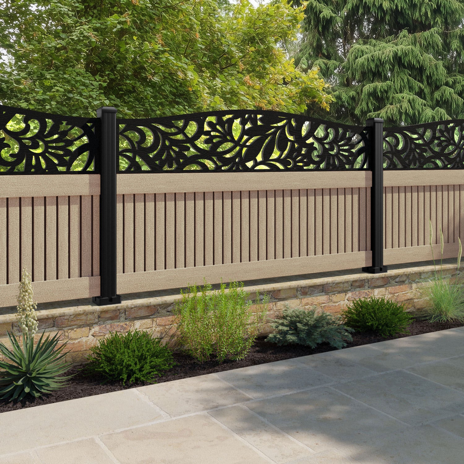 Virtis Heritage Curved Top Fence Panel - Light Oak - with our aluminium posts