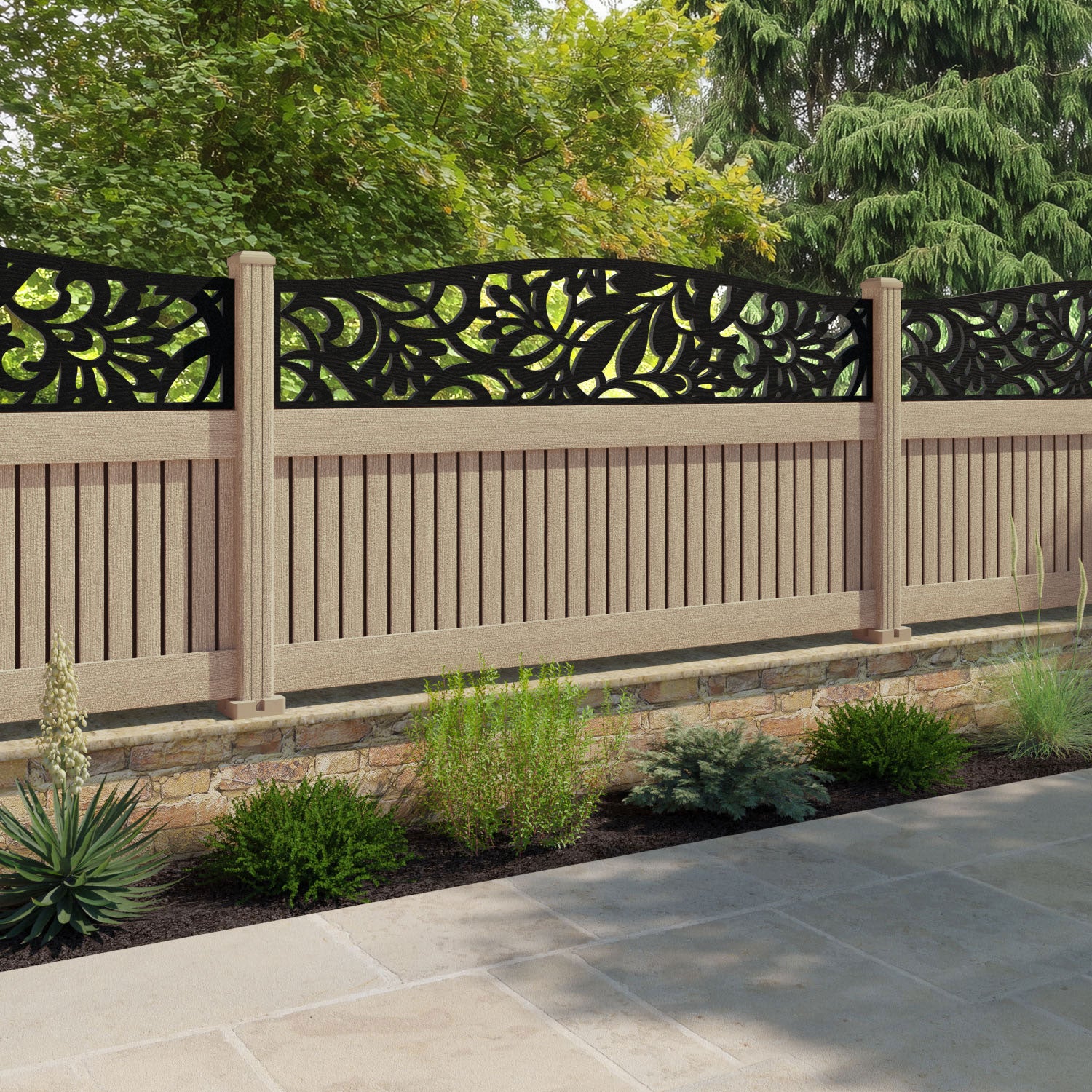 Virtis Heritage Curved Top Fence Panel - Light Oak - with our composite posts