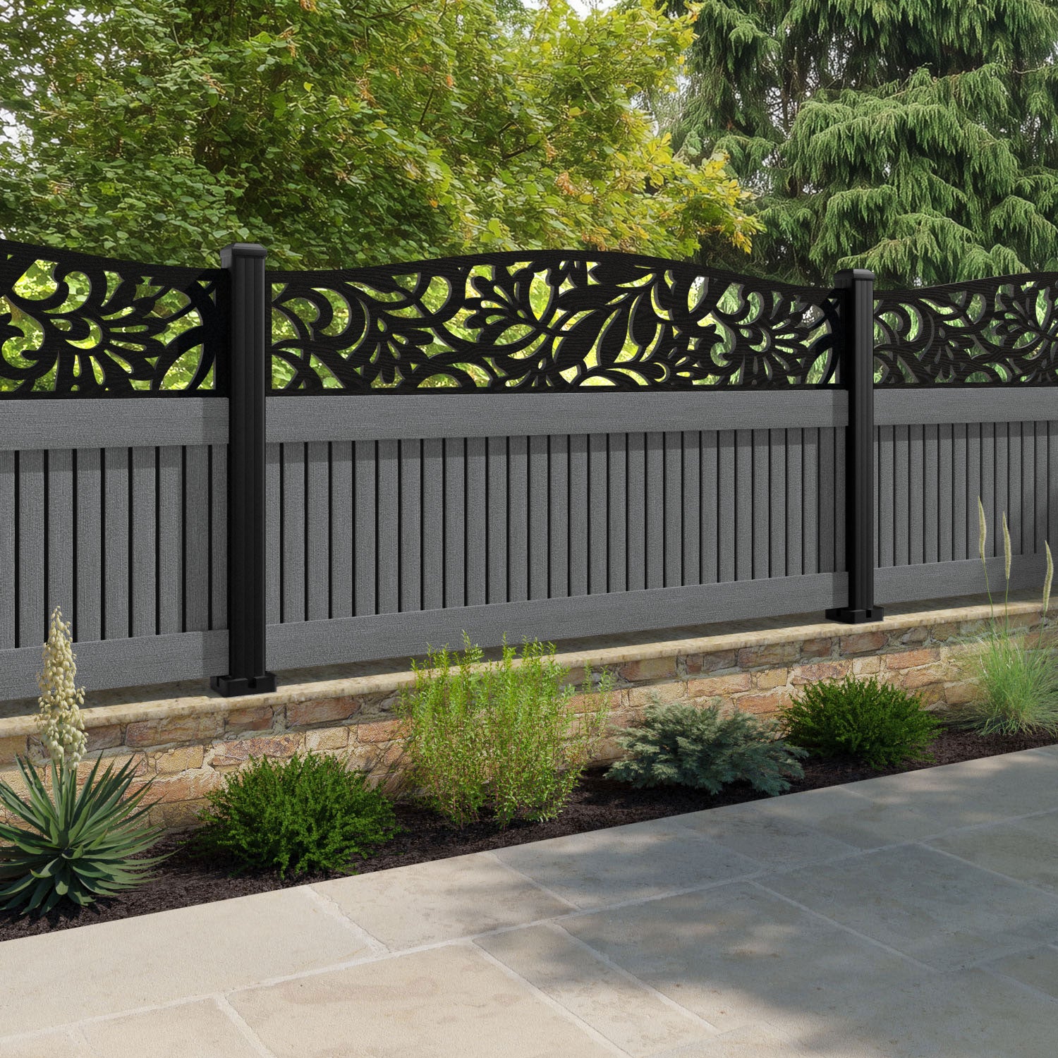 Virtis Heritage Curved Top Fence Panel - Mid Grey - with our aluminium posts