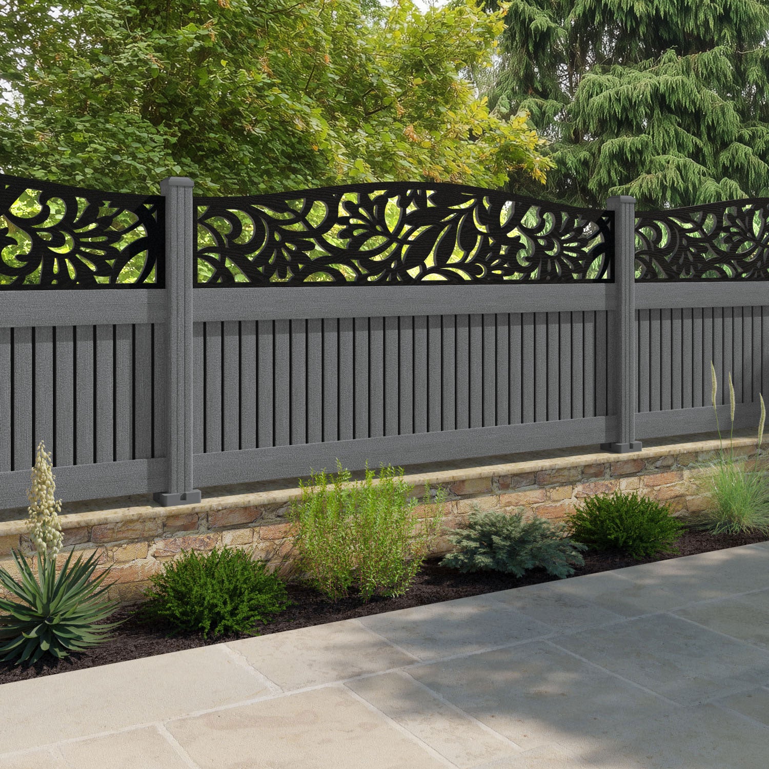 Virtis Heritage Curved Top Fence Panel - Mid Grey - with our composite posts