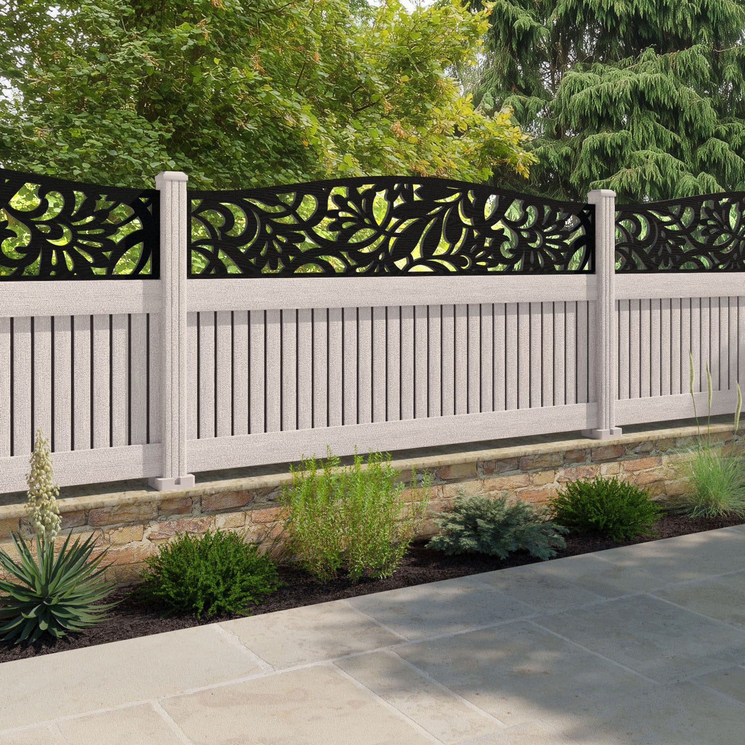 Virtis Heritage Curved Top Fence Panel - Mid Stone - with our composite posts