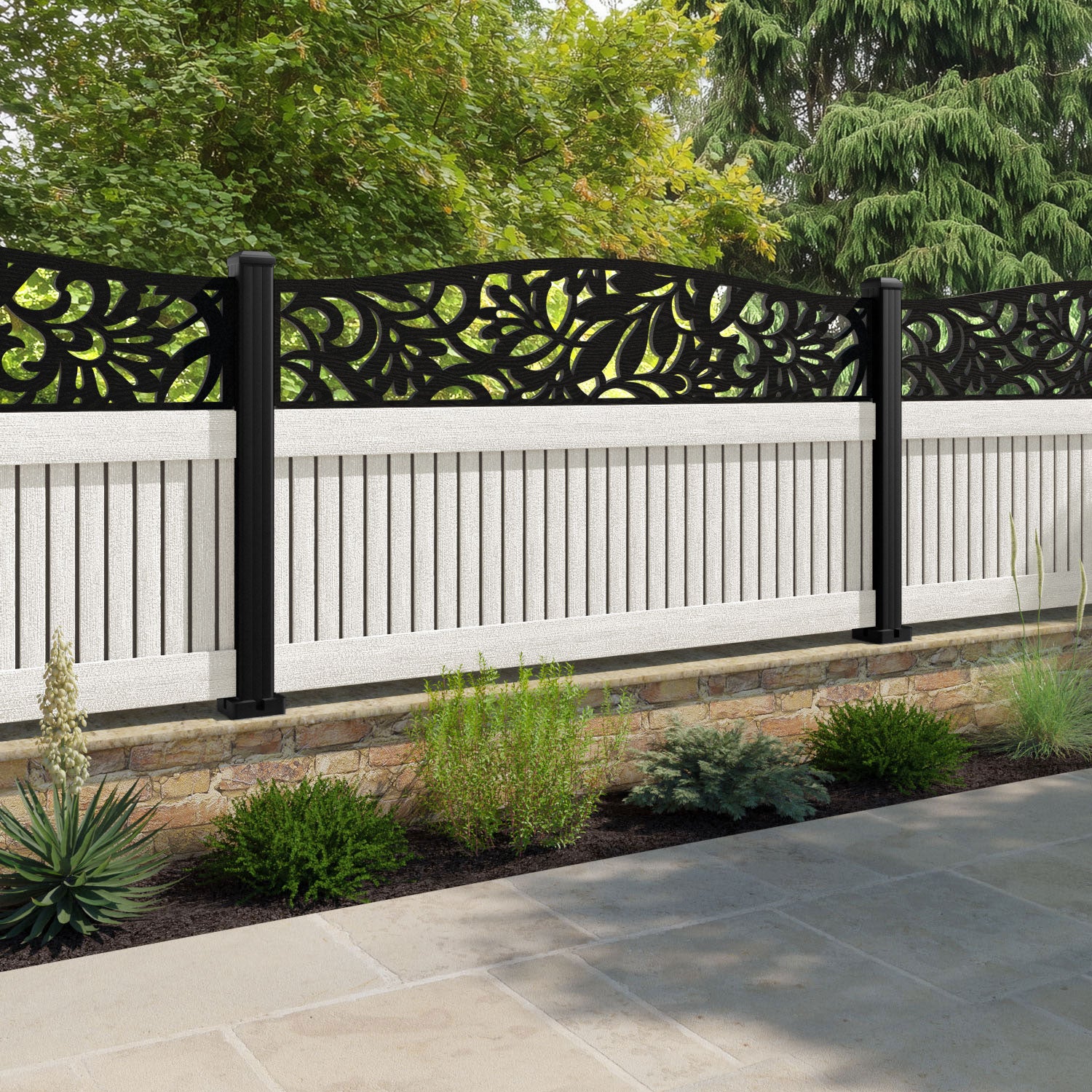 Virtis Heritage Curved Top Fence Panel - Light Stone - with our composite posts