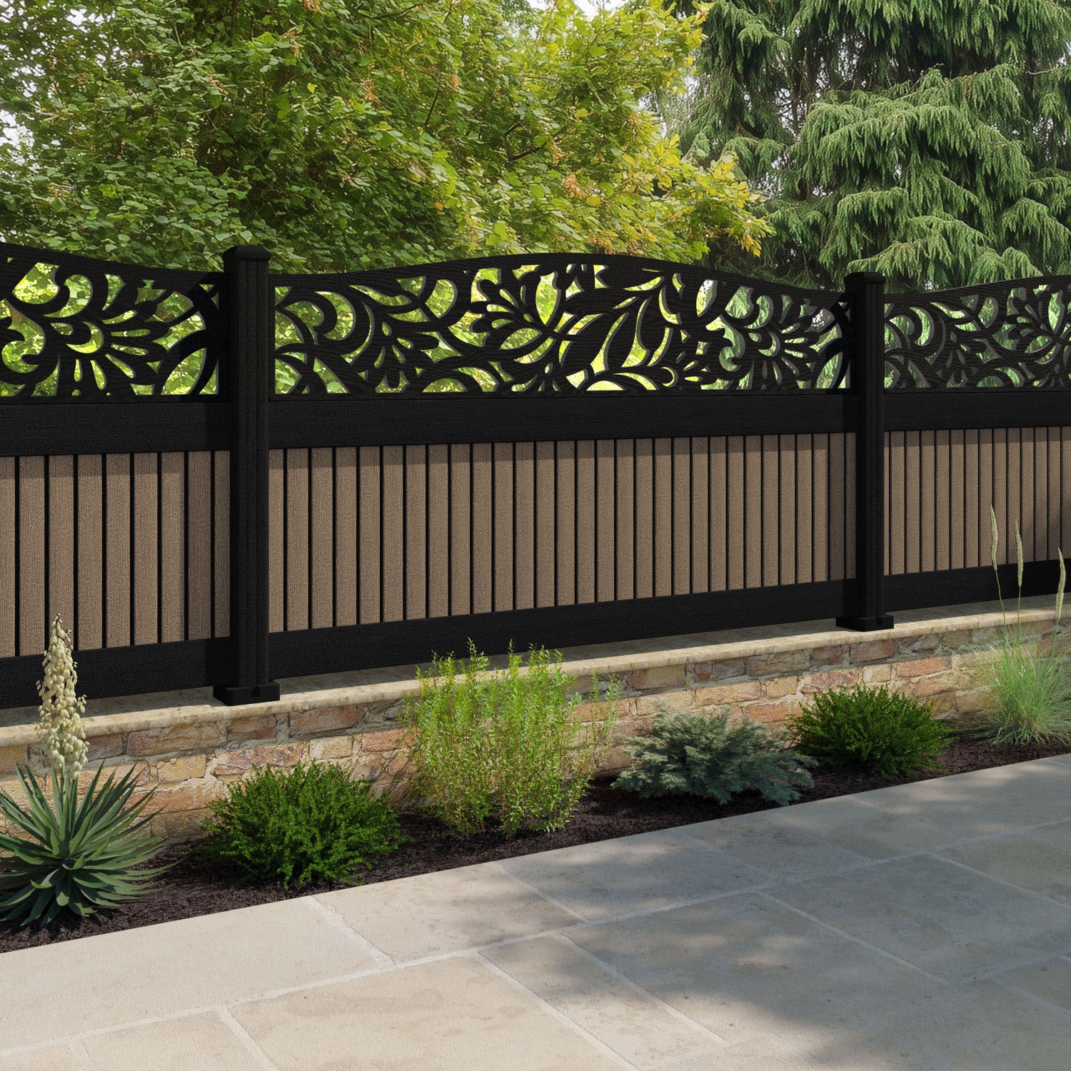 Virtis Heritage Curved Top Fence Panel - Teak - with our composite posts