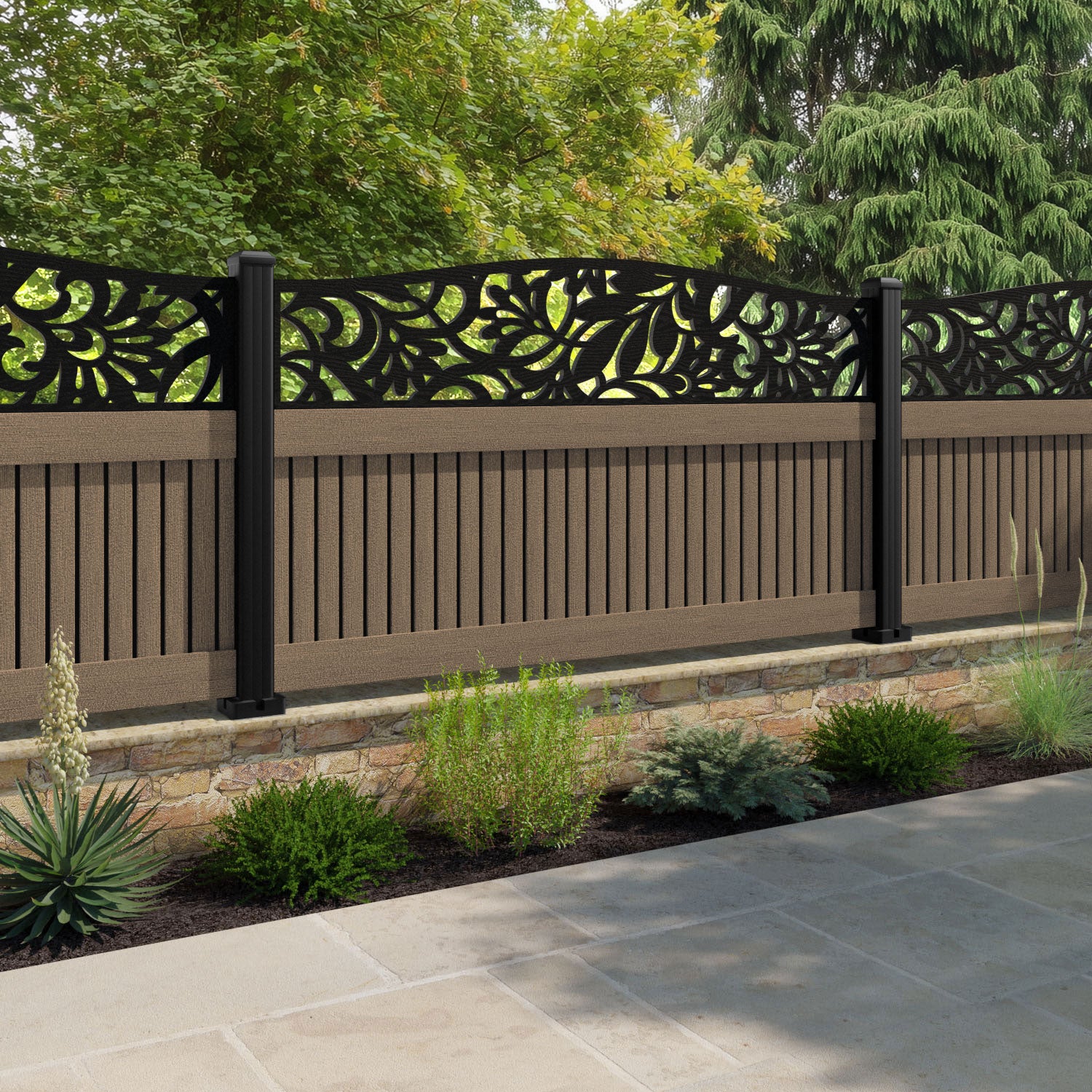 Virtis Heritage Curved Top Fence Panel - Teak - with our aluminium posts