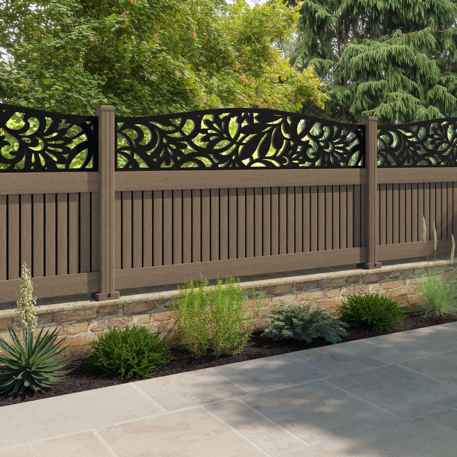 Virtis Heritage Curved Top Fence Panel - Teak - with our composite posts