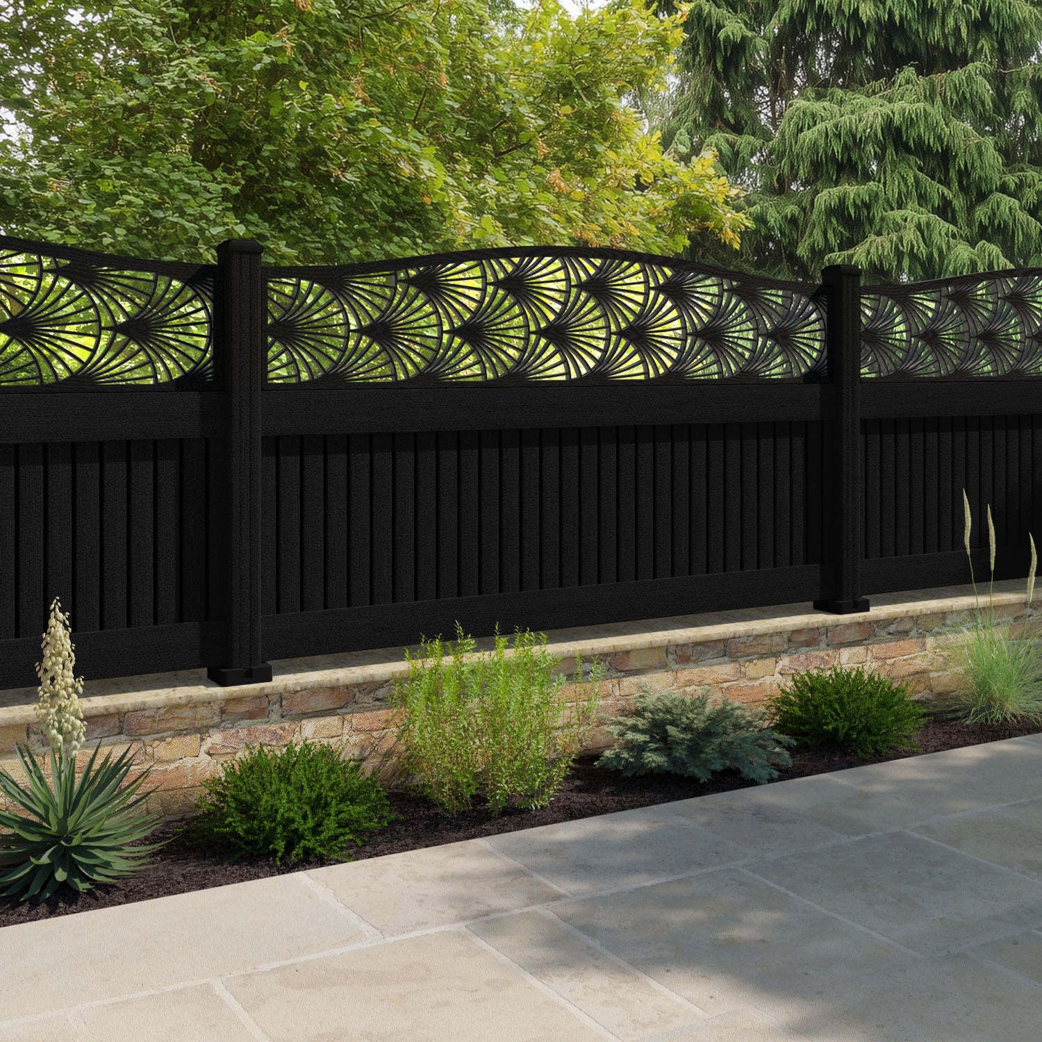 Virtis Laurel Curved Top Fence Panel - Black - with our composite posts