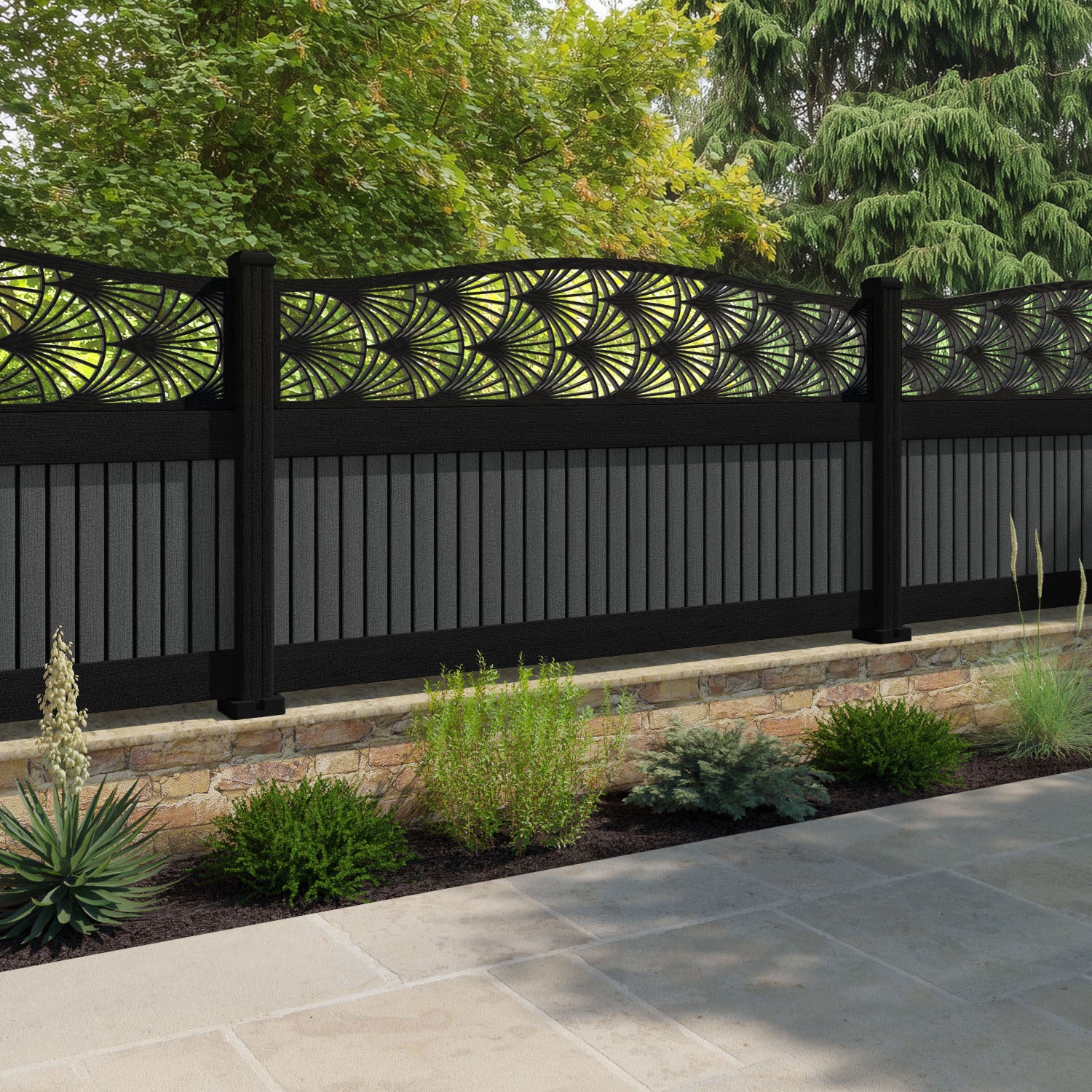 Virtis Laurel Curved Top Fence Panel - Dark Grey - with our aluminium posts