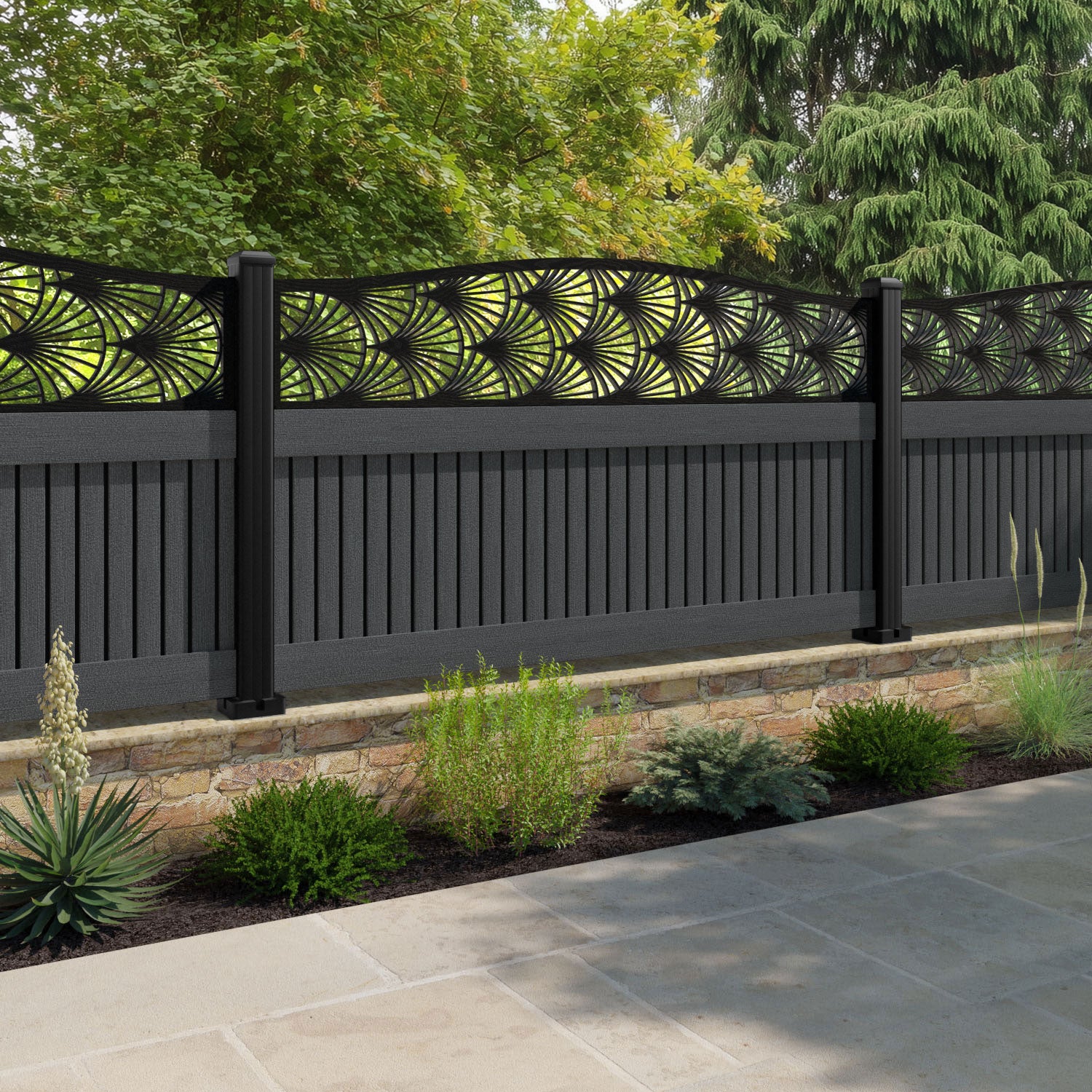 Virtis Laurel Curved Top Fence Panel - Dark Grey - with our aluminium posts