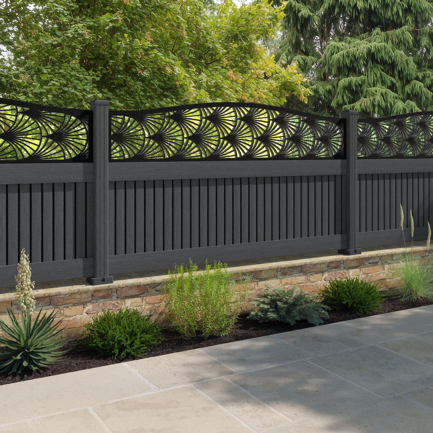 Virtis Laurel Curved Top Fence Panel - Dark Grey - with our composite posts