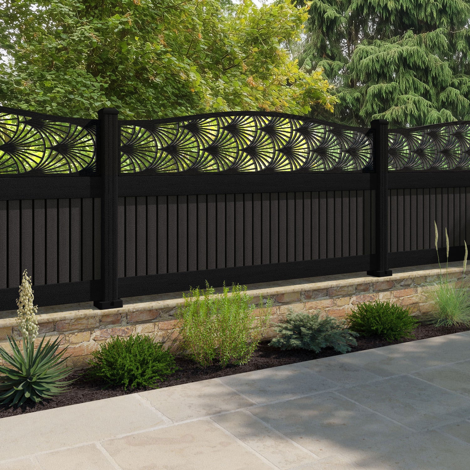 Virtis Laurel Curved Top Fence Panel - Dark Oak - with our aluminium posts