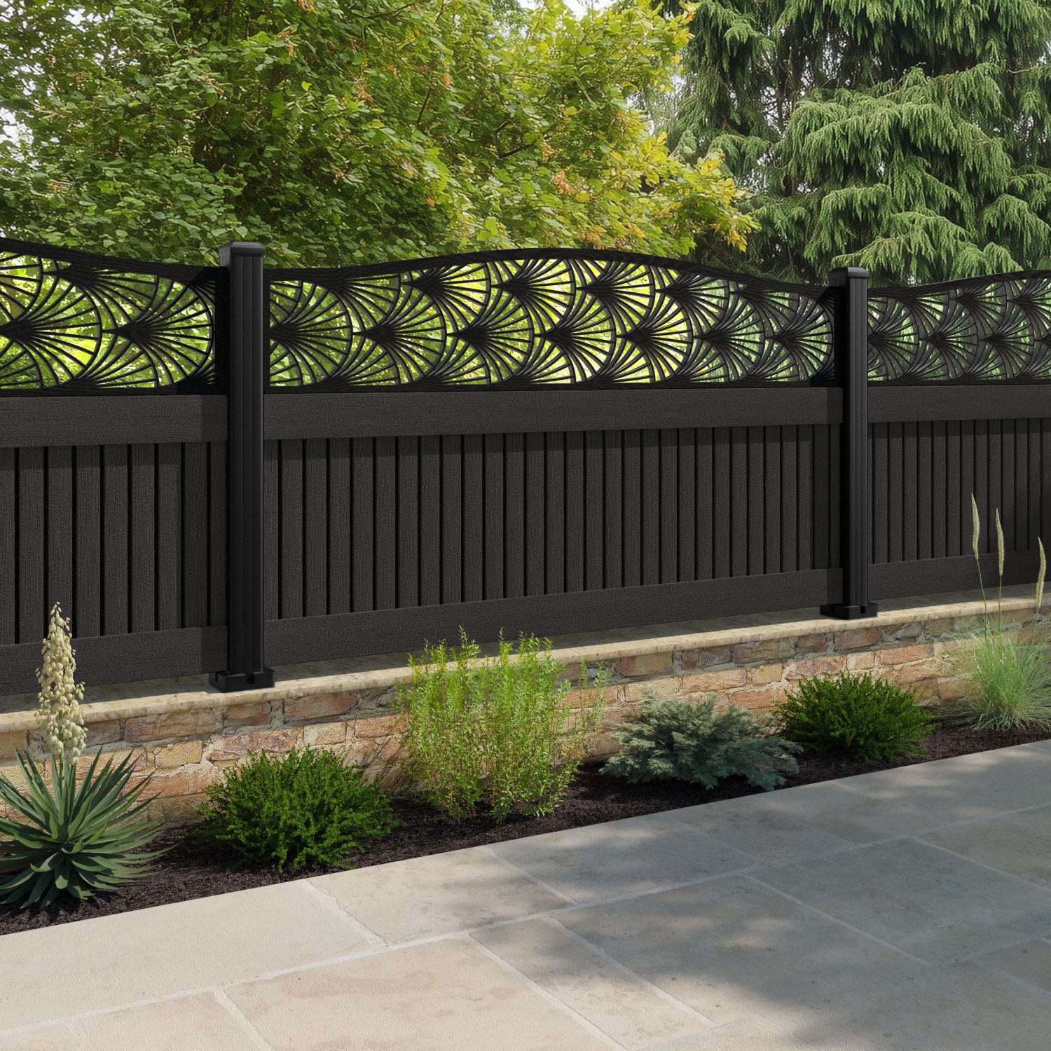 Virtis Laurel Curved Top Fence Panel - Dark Oak - with our composite posts