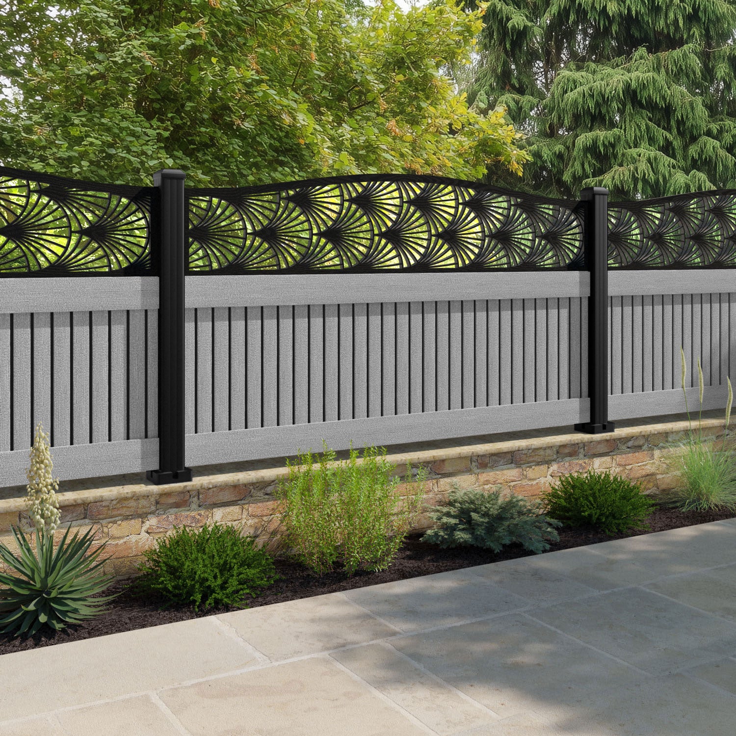 Virtis Laurel Curved Top Fence Panel - Light Grey - with our aluminium posts