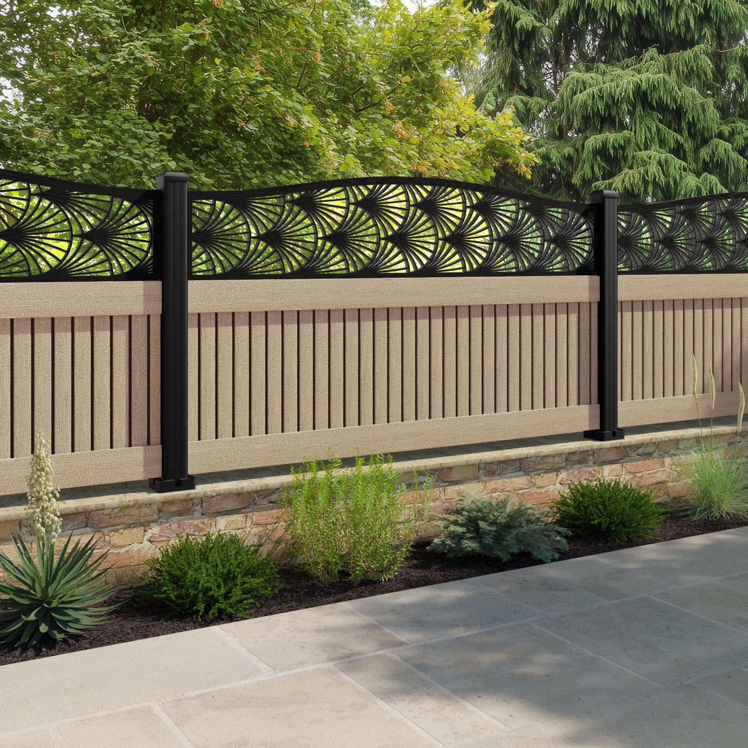 Virtis Laurel Curved Top Fence Panel - Light Oak - with our composite posts