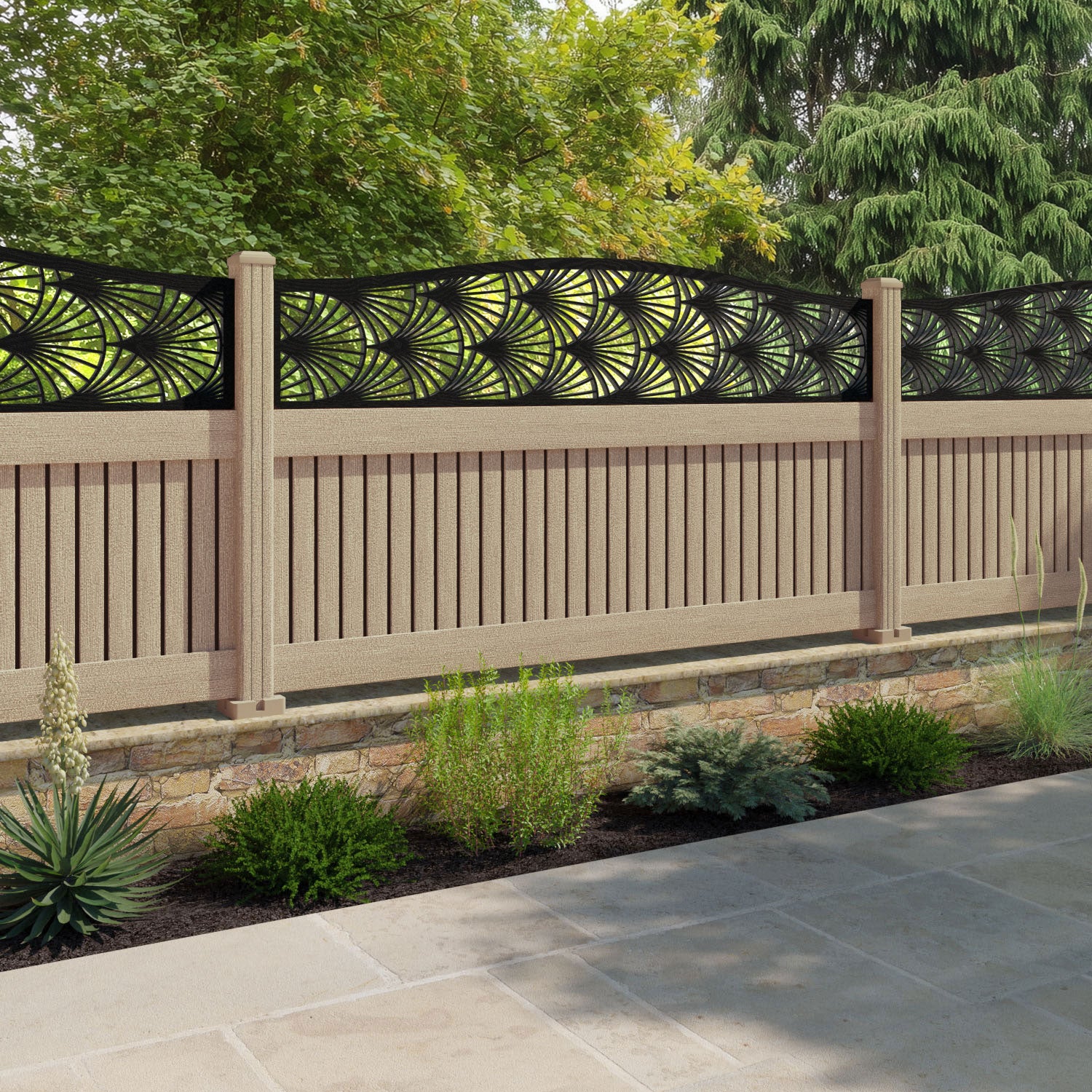 Virtis Laurel Curved Top Fence Panel - Light Oak - with our composite posts