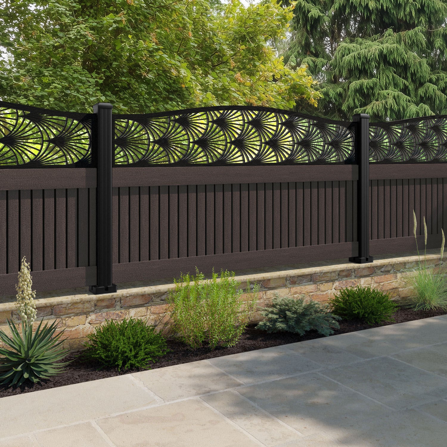 Virtis Laurel Curved Top Fence Panel - Mid Brown - with our composite posts