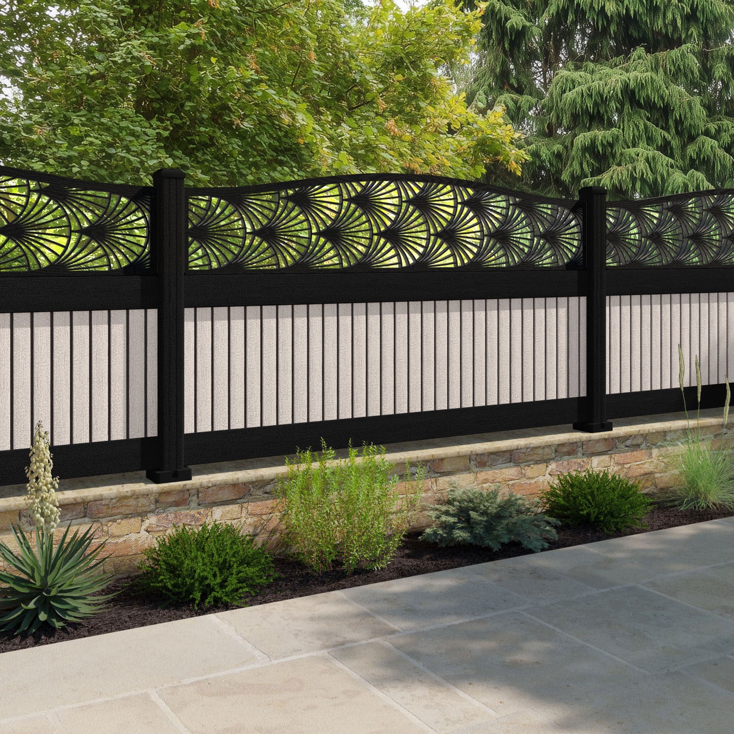 Virtis Laurel Curved Top Fence Panel - Mid Stone - with our composite posts