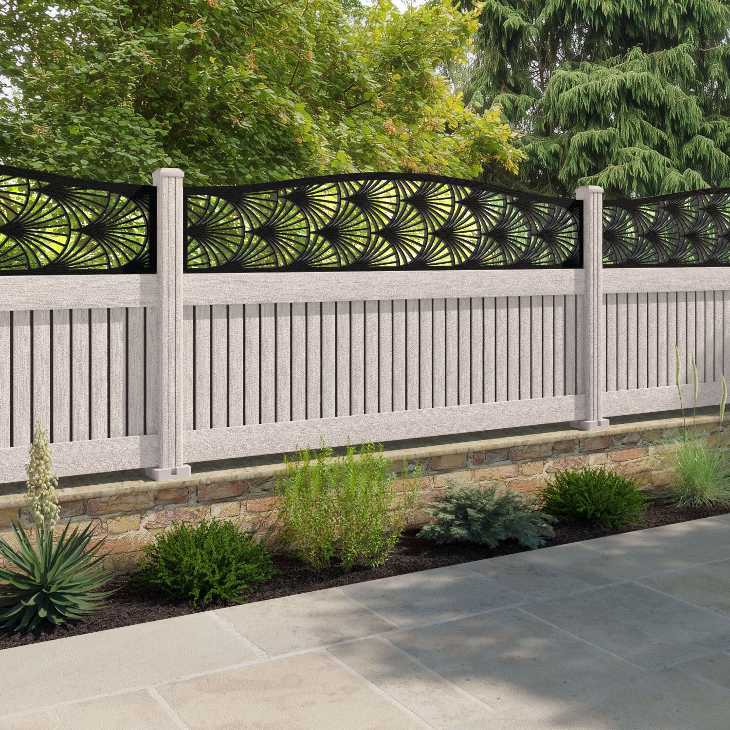 Virtis Laurel Curved Top Fence Panel - Mid Stone - with our composite posts