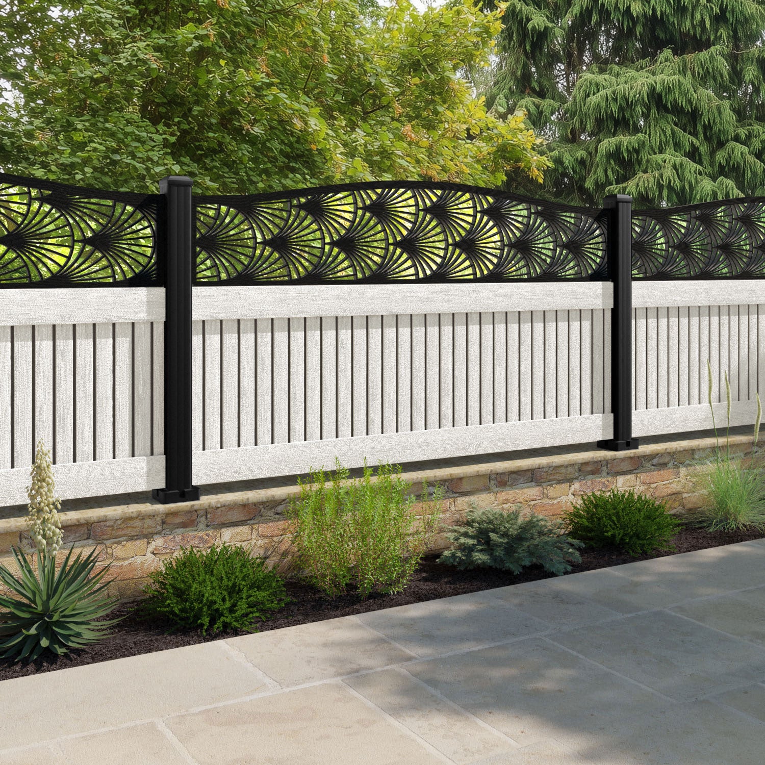Virtis Laurel Curved Top Fence Panel - Light Stone - with our composite posts