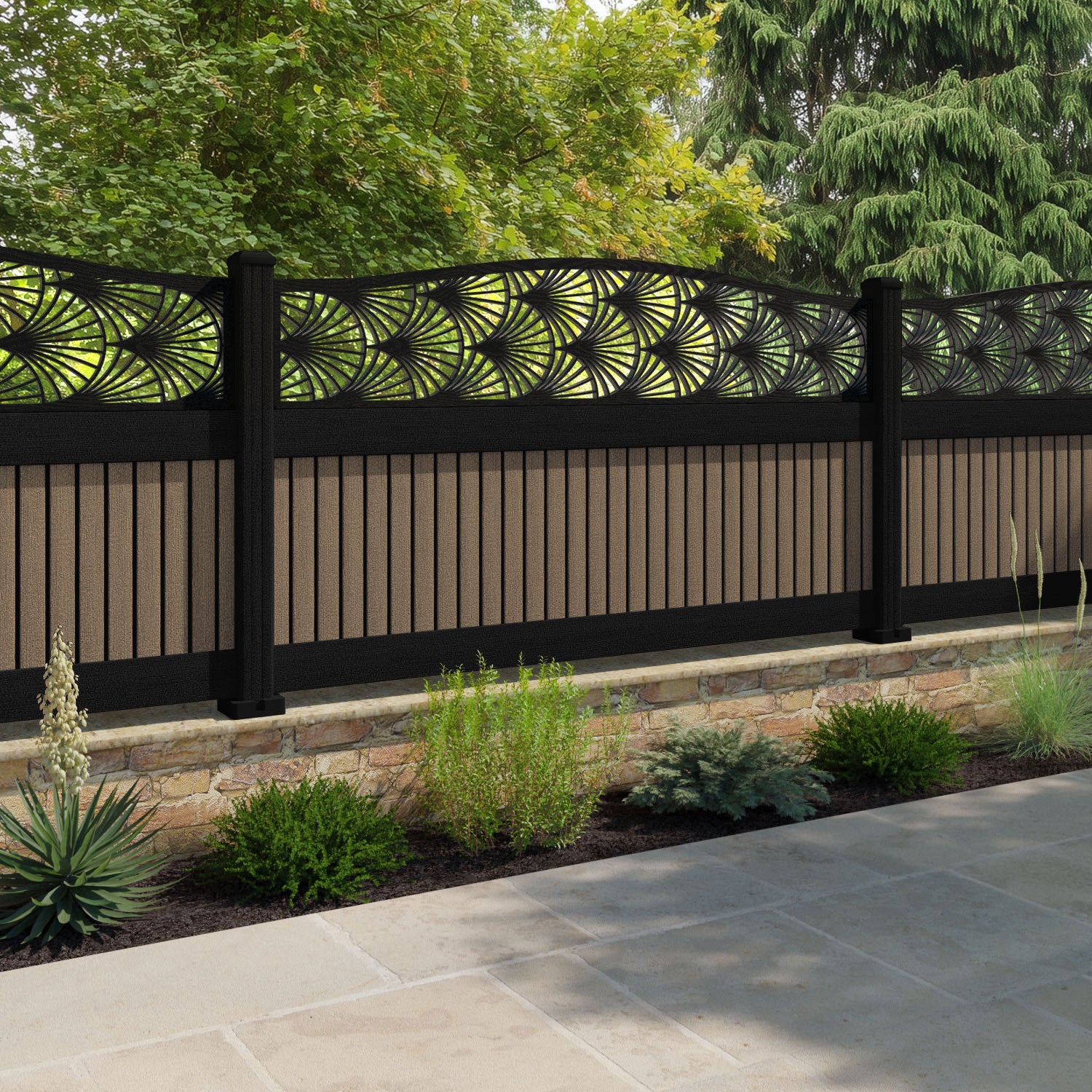 Virtis Laurel Curved Top Fence Panel - Teak - with our aluminium posts
